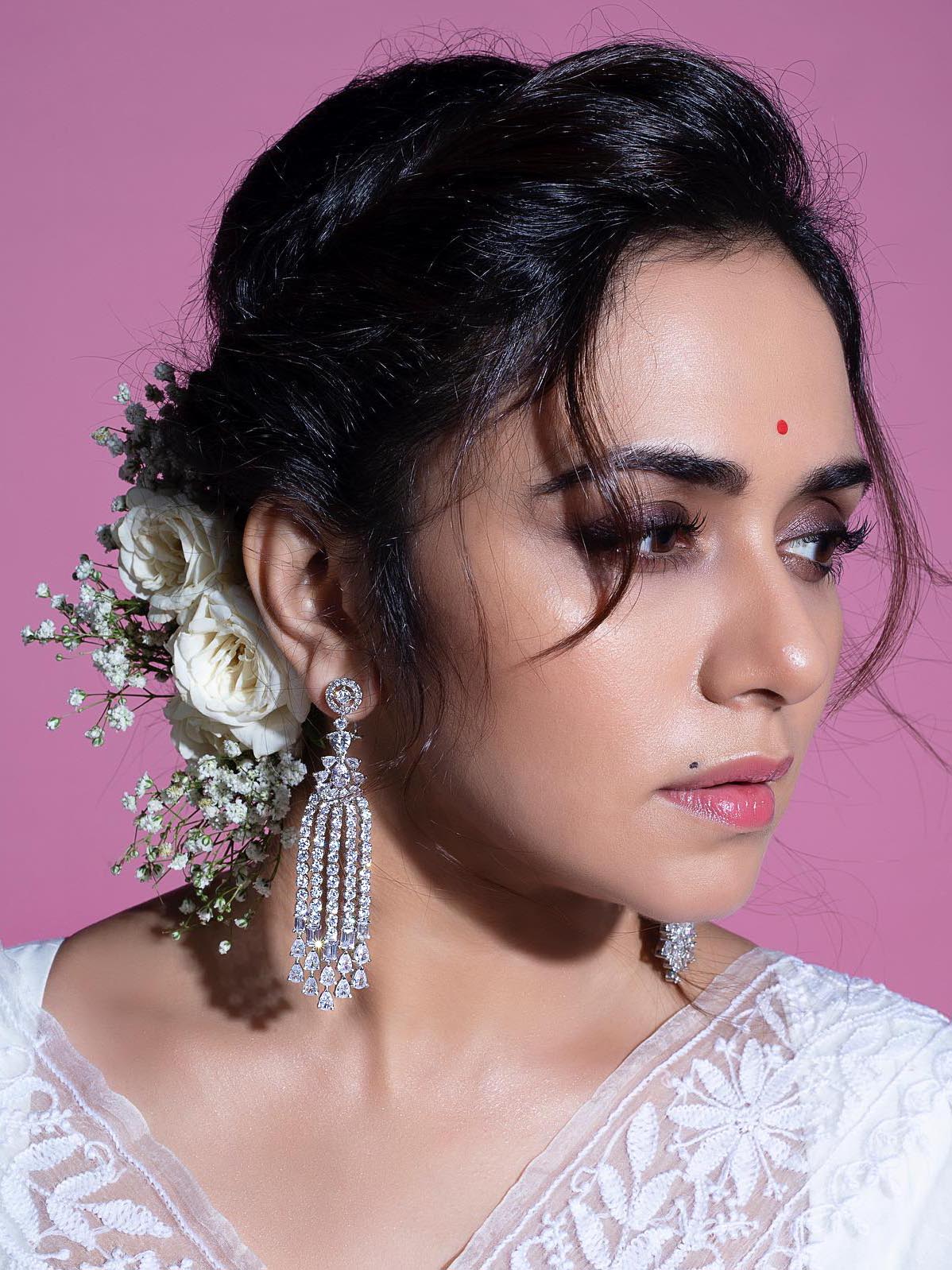 Amruta Khanvilkar in White Color Silver Plated Faux Diamond Earrings - CZEAR316
