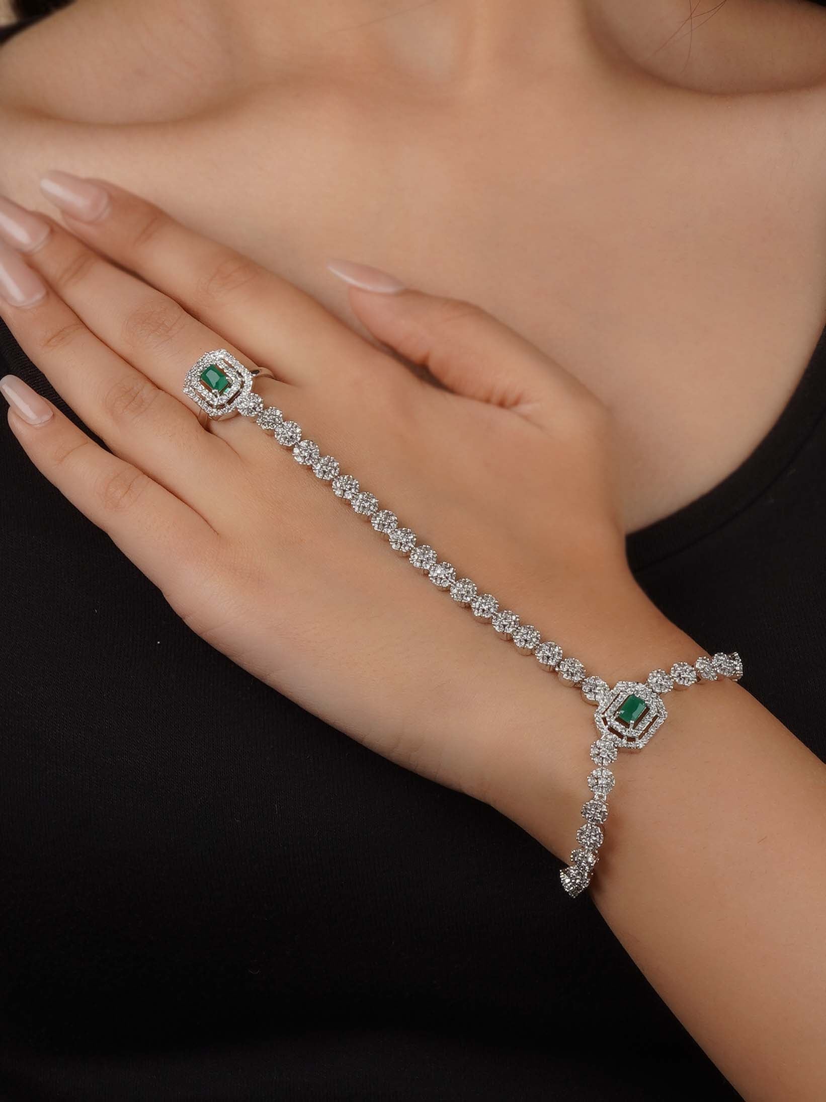 Silver Plated Faux Diamond Hathphool (1 Piece) - CZHP4