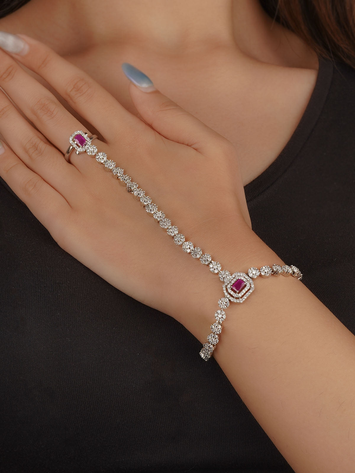 Silver Plated Faux Diamond Hathphool (1 Piece) - CZHP4