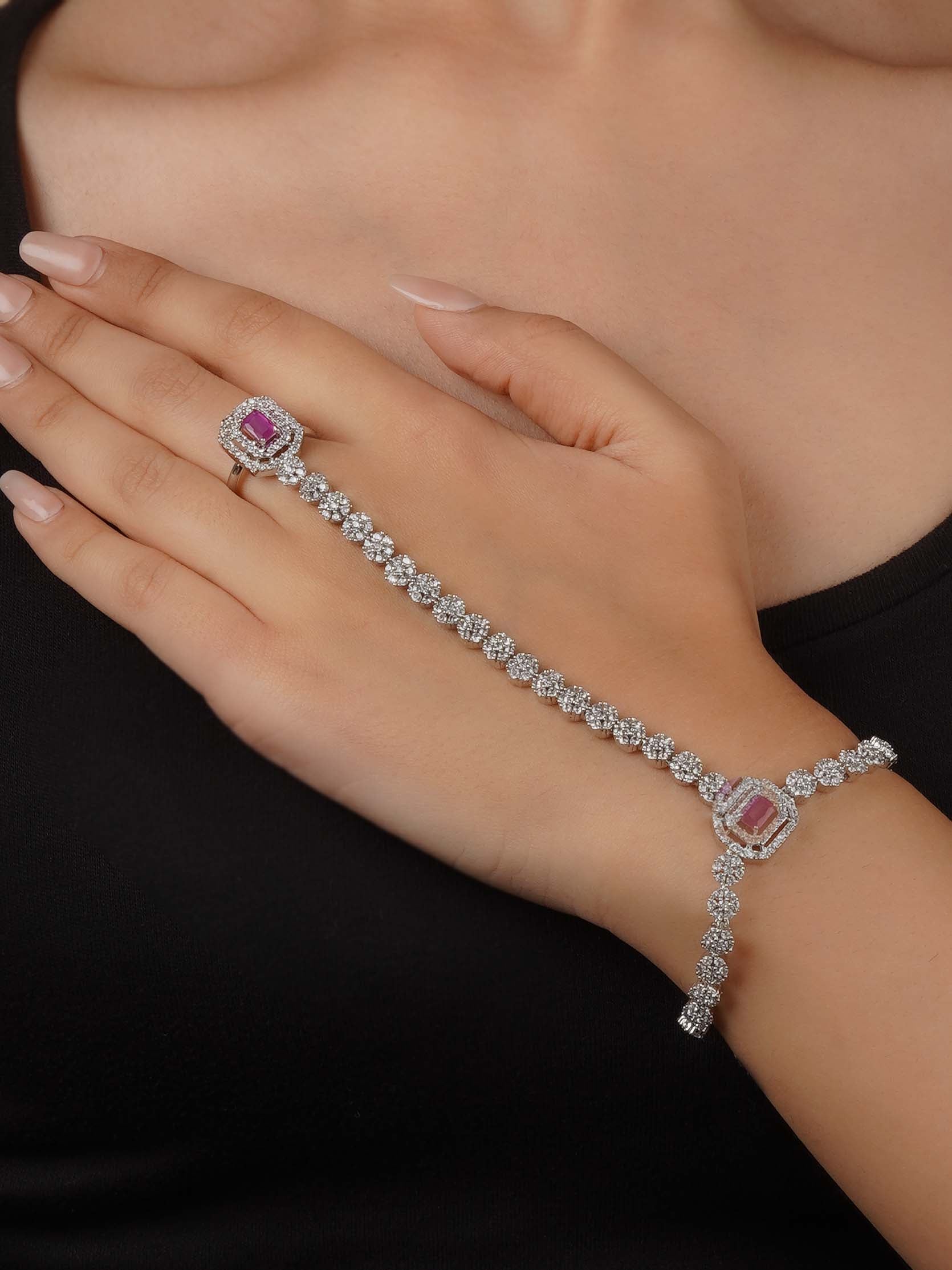 Silver Plated Faux Diamond Hathphool (1 Piece) - CZHP4