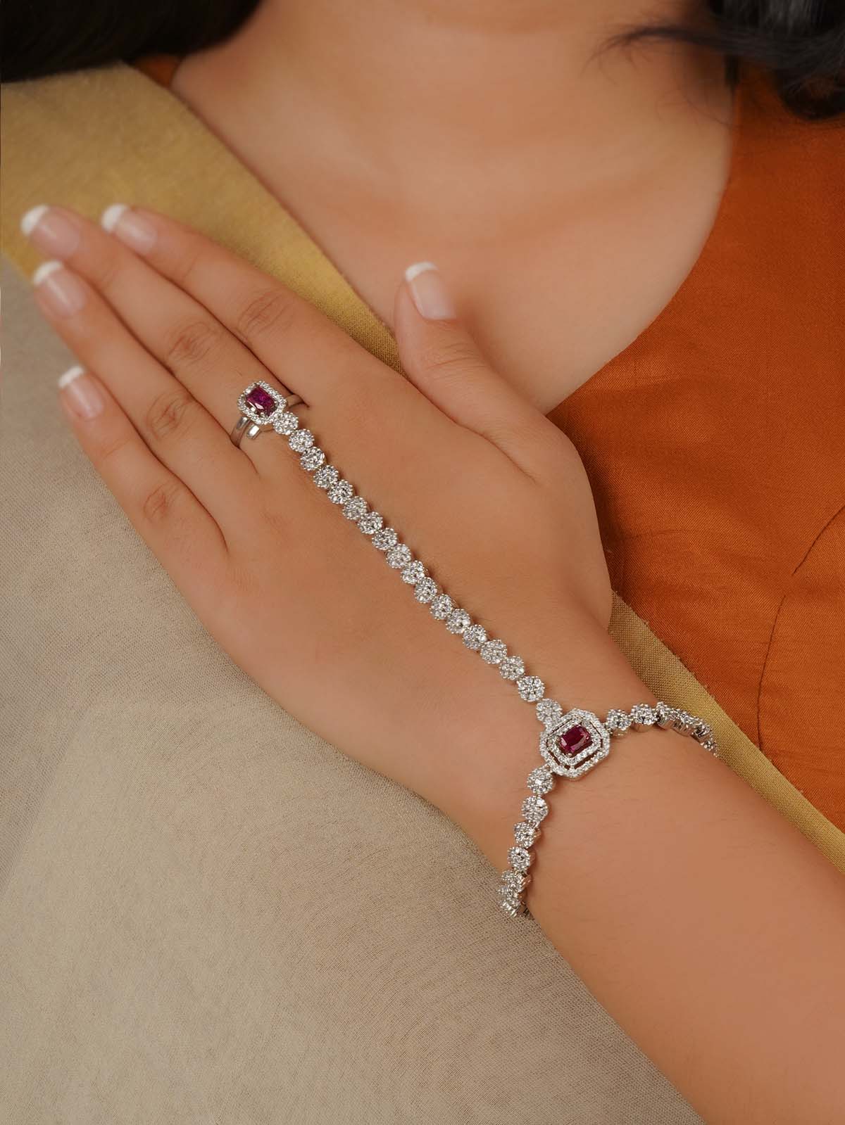 Silver Plated Faux Diamond Hathphool (1 Piece) - CZHP4