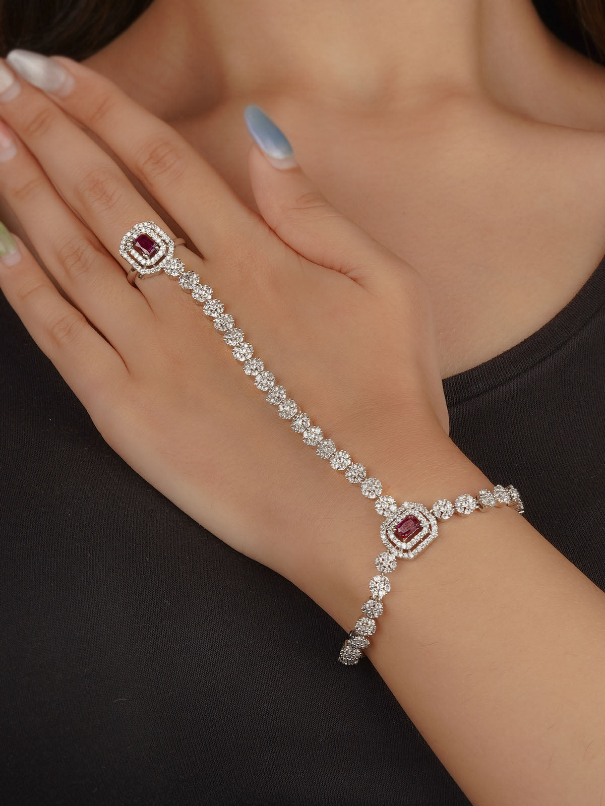 Silver Plated Faux Diamond Hathphool (1 Piece) - CZHP4