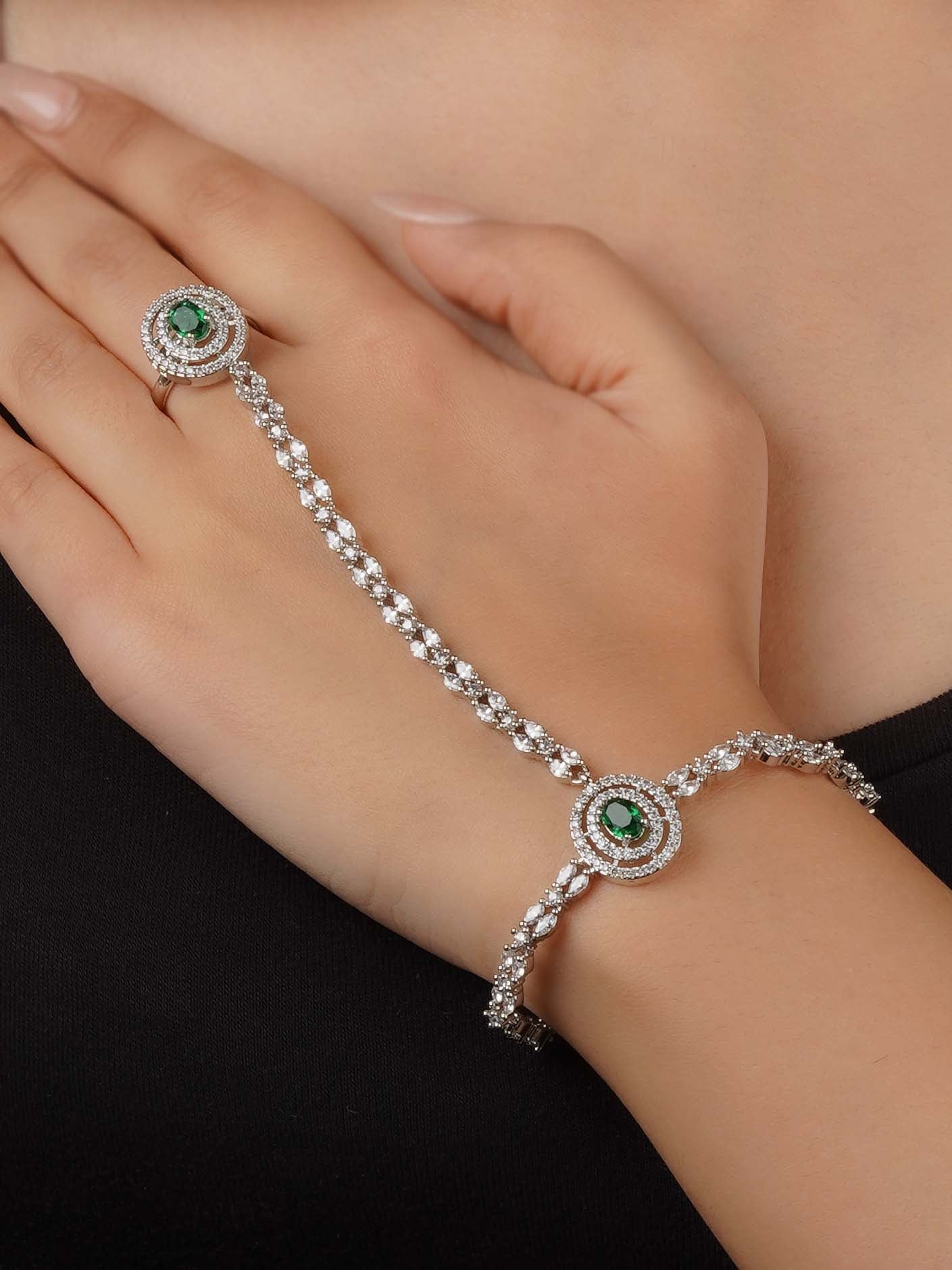 Silver Plated Faux Diamond Hathphool (1 Piece) - CZHP6