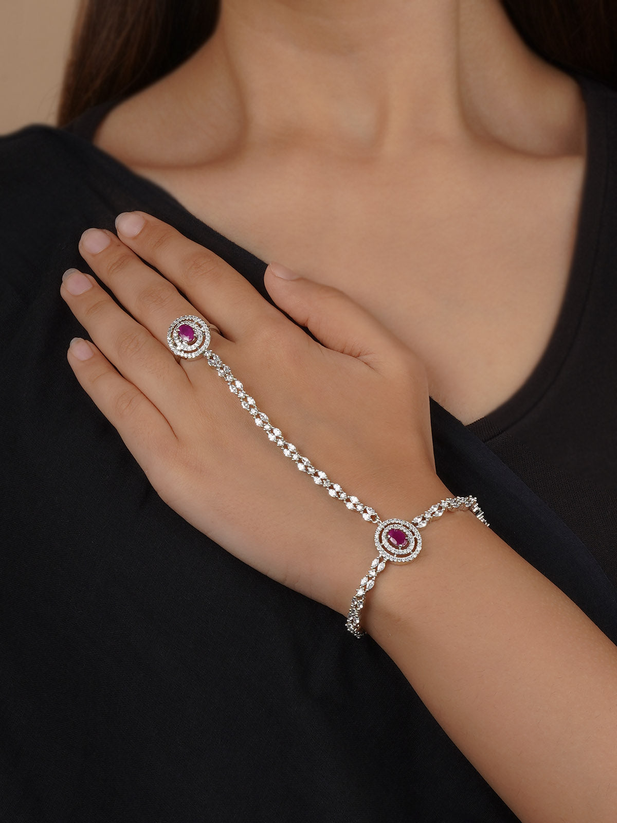 Silver Plated Faux Diamond Hathphool (1 Piece) - CZHP6