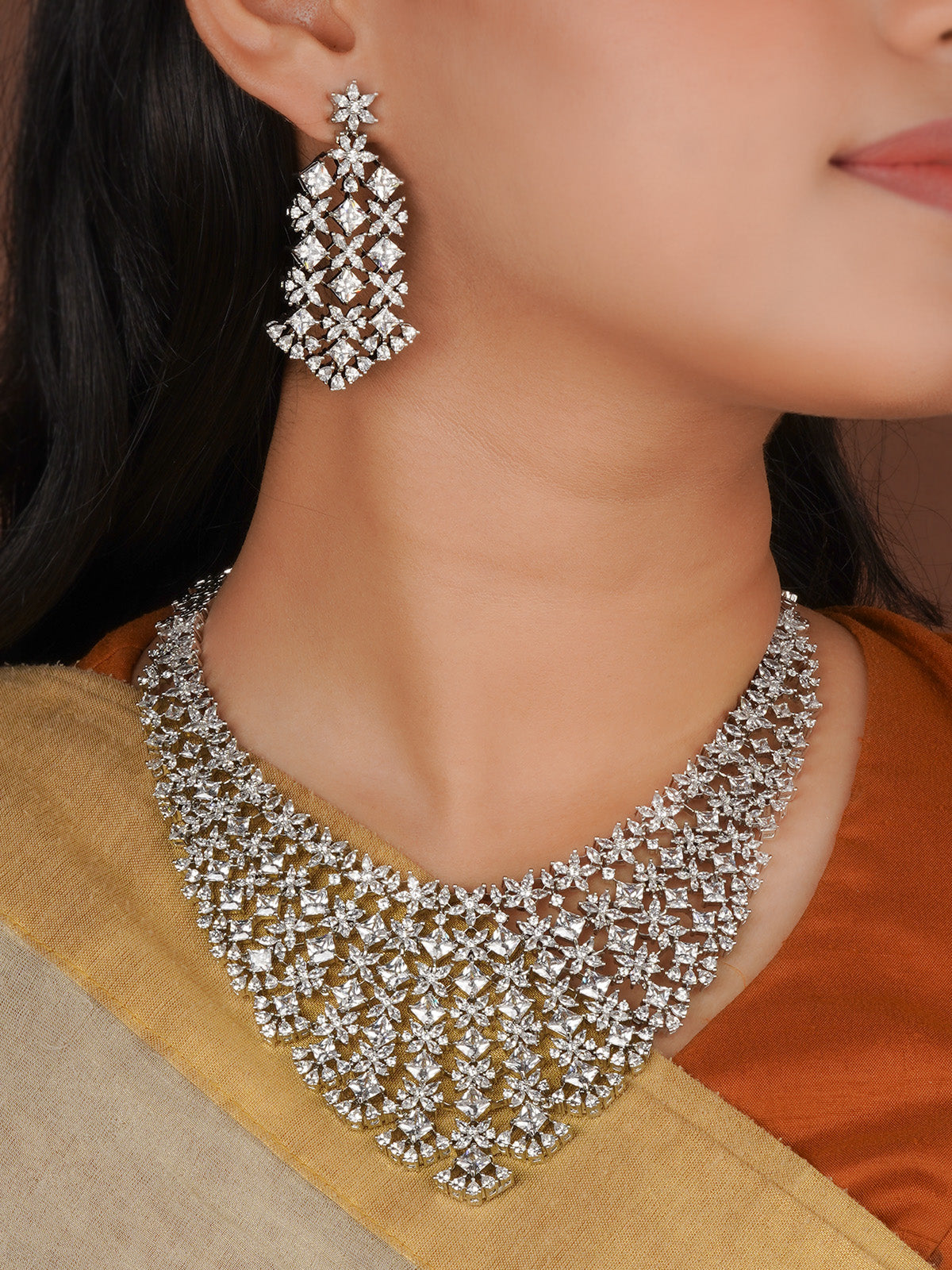 Silver Plated Faux Diamond Necklace Set - CZSET425