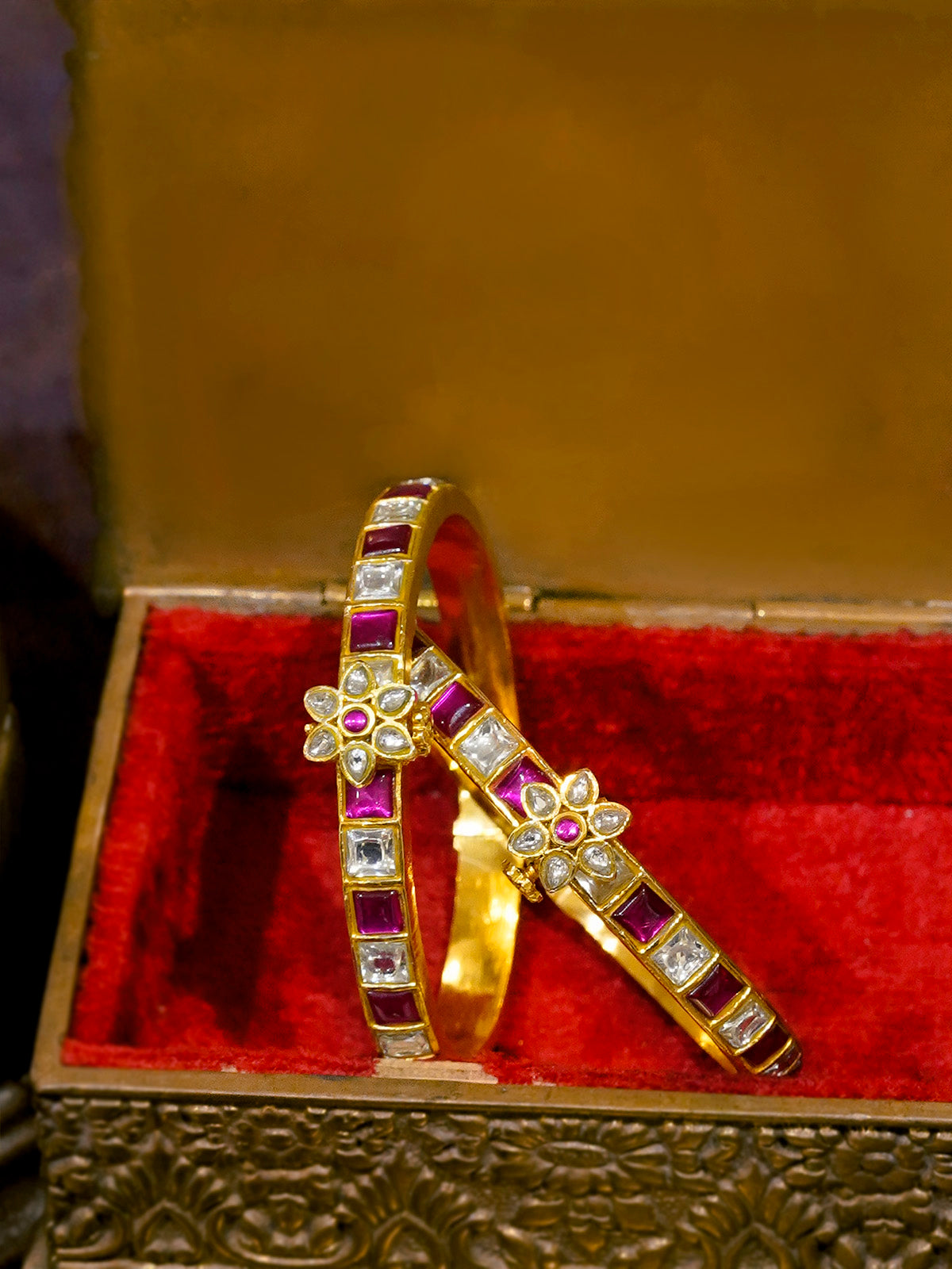 Pink Color Gold Plated Jadau Kundan Bangles (One Pair) - MB187WP