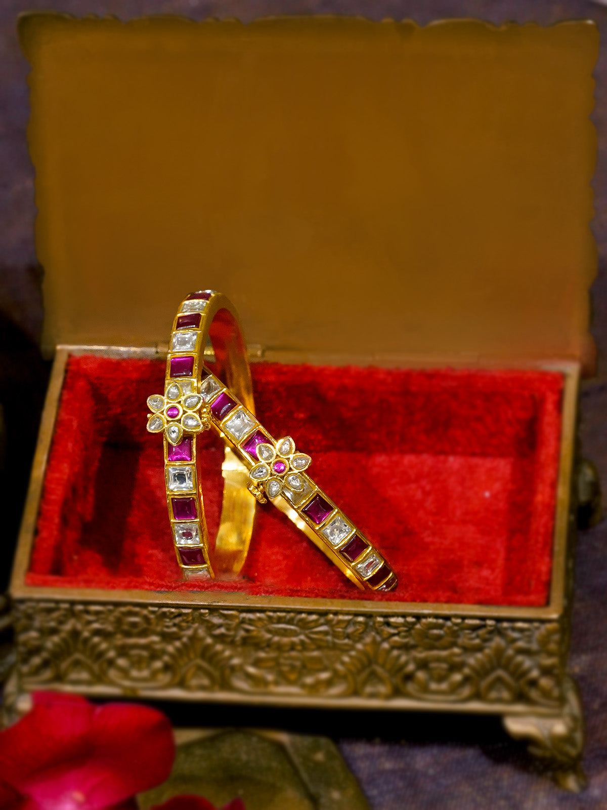 Pink Color Gold Plated Jadau Kundan Bangles (One Pair) - MB187WP