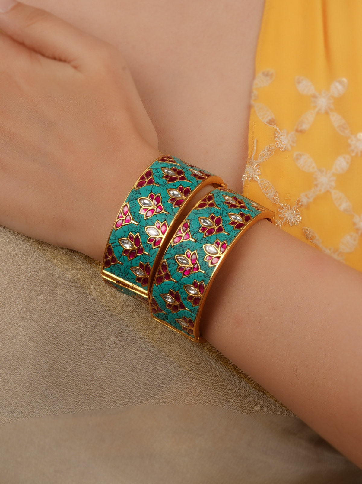 Gold Plated Jadau Kundan Bangles (One Pair) - MB225