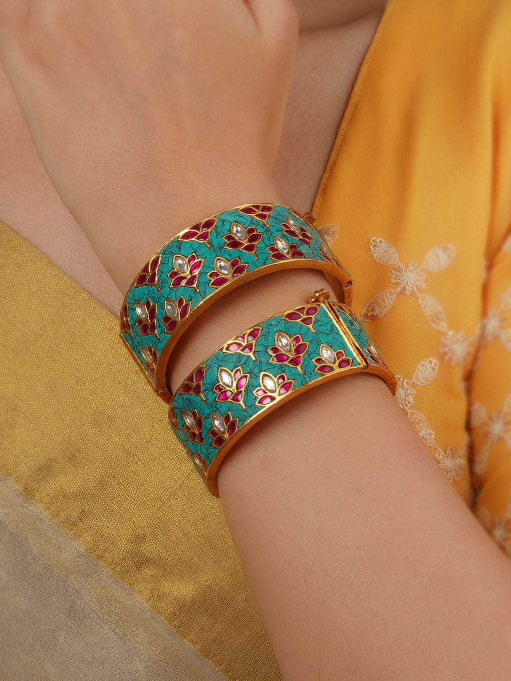 Gold Plated Jadau Kundan Bangles (One Pair) - MB225