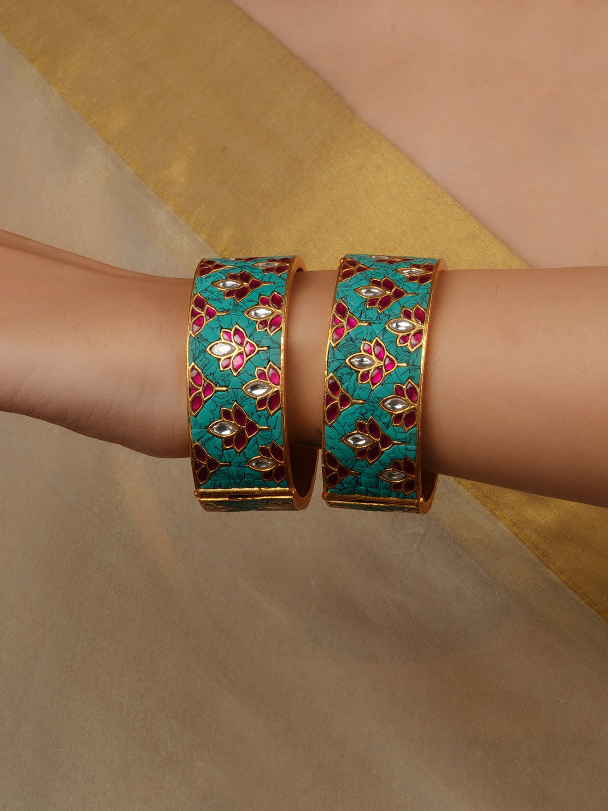 Gold Plated Jadau Kundan Bangles (One Pair) - MB225