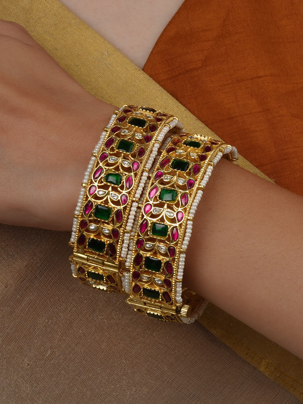 Multicolor Gold Plated Jadau Kundan Bangles (One Pair) - MB233M