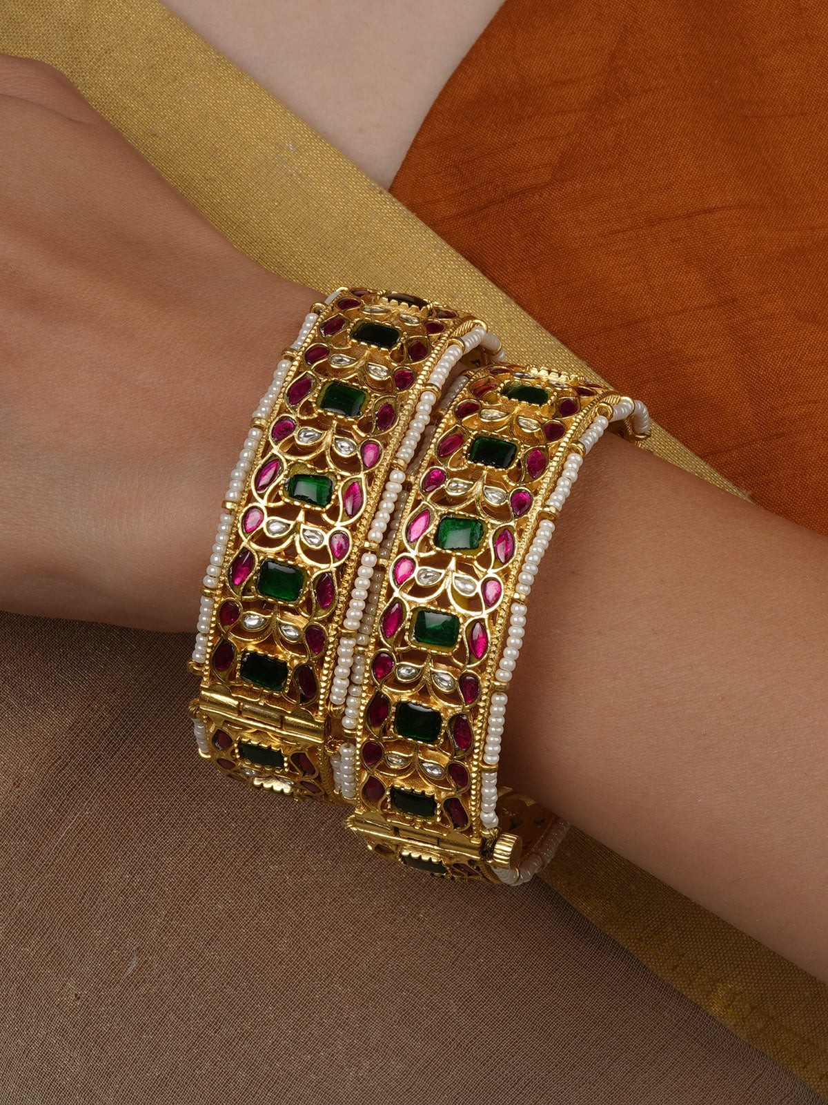 Multicolor Gold Plated Jadau Kundan Bangles (One Pair) - MB233M