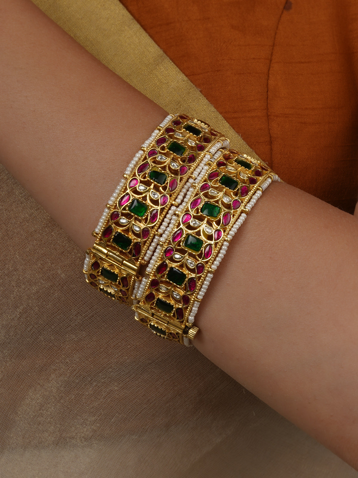 Multicolor Gold Plated Jadau Kundan Bangles (One Pair) - MB233M