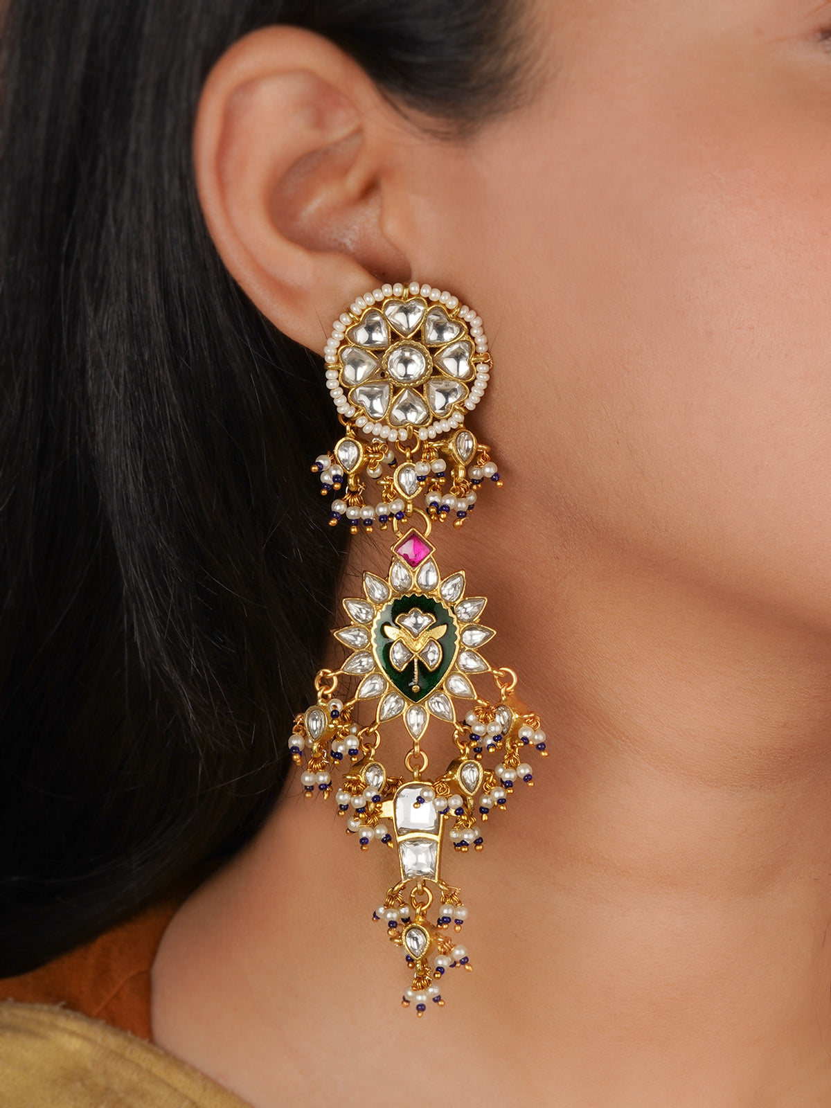 Multicolor Gold Plated Jadau Kundan Earrings - ME1490M