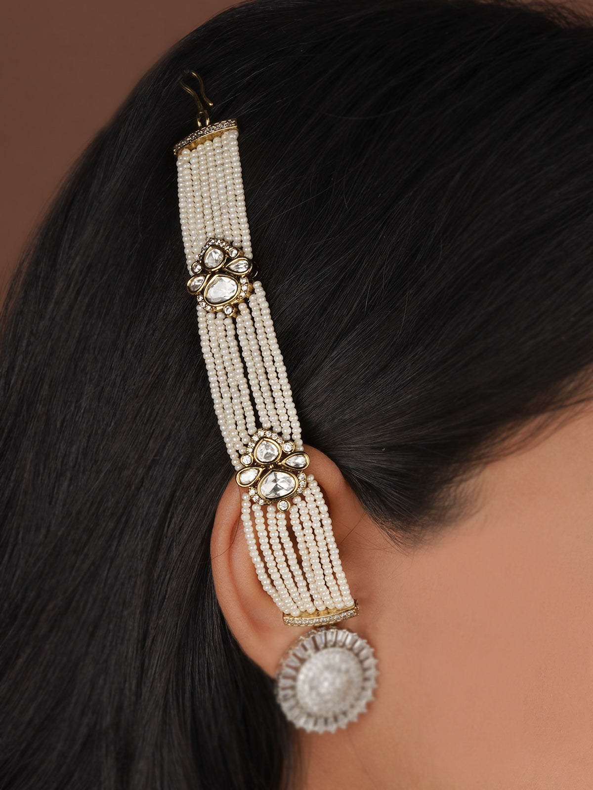 White Color Gold Plated Jadau Kundan Earchains - MKS110