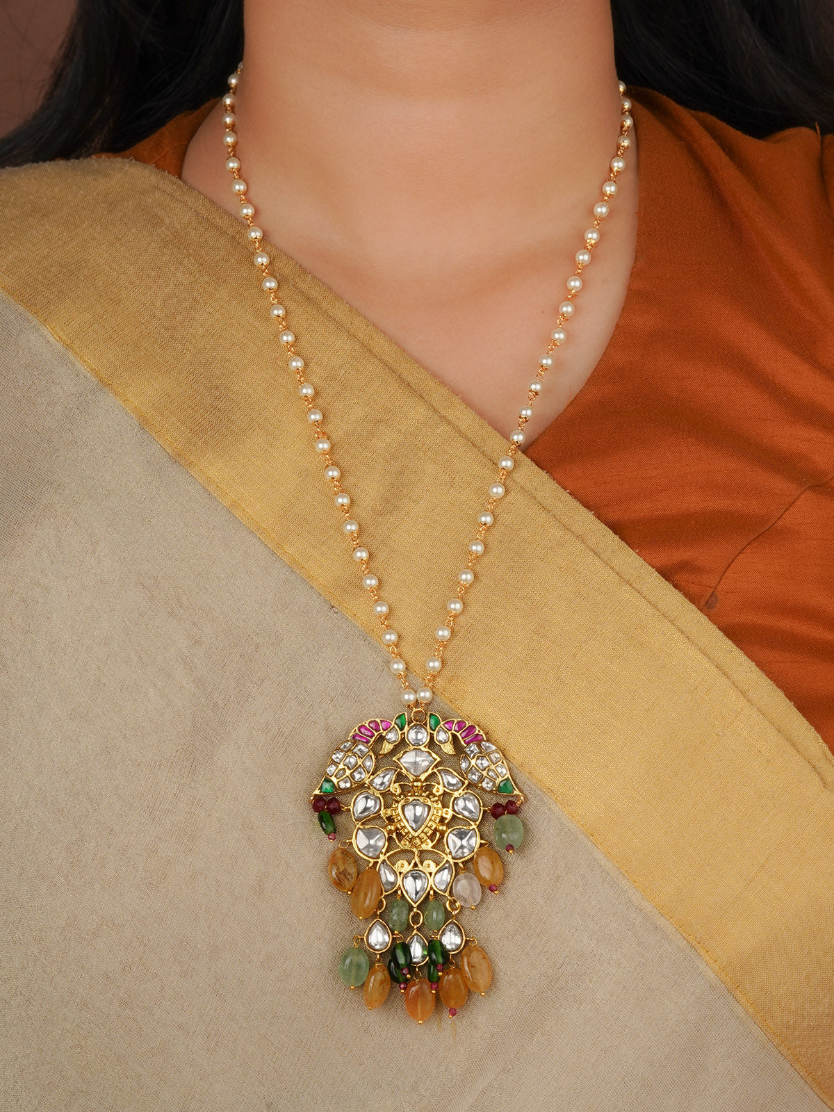 Multicolor Gold Plated Jadau Kundan Necklace - MN442