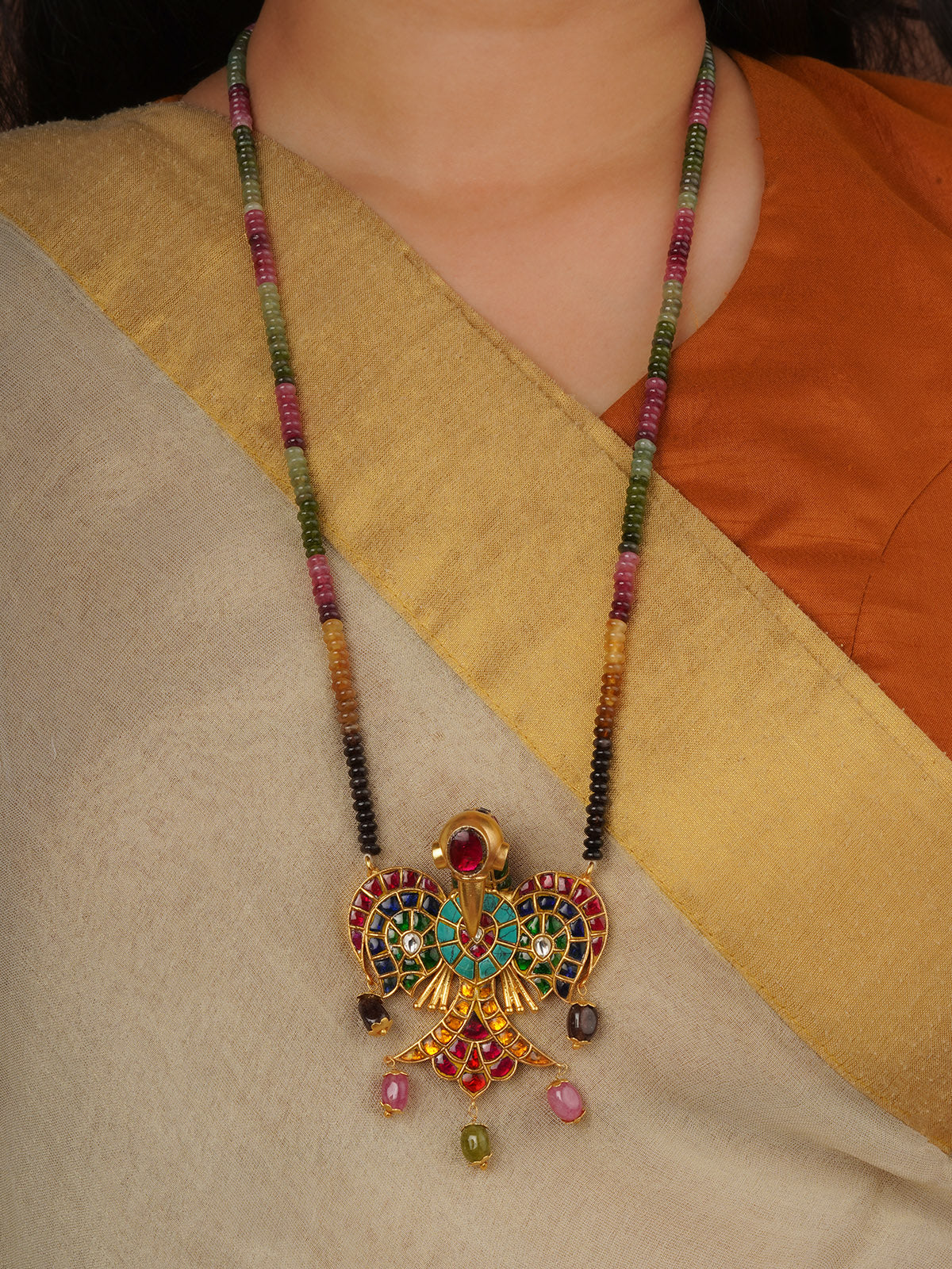 Multicolor Gold Plated Jadau Kundan Necklace - MN665M