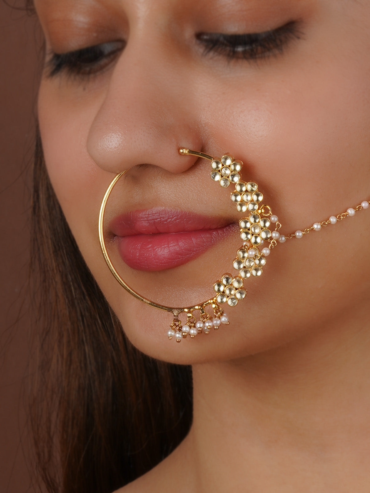 White Color Gold Plated Jadau Kundan Nosering - MNTH183Y