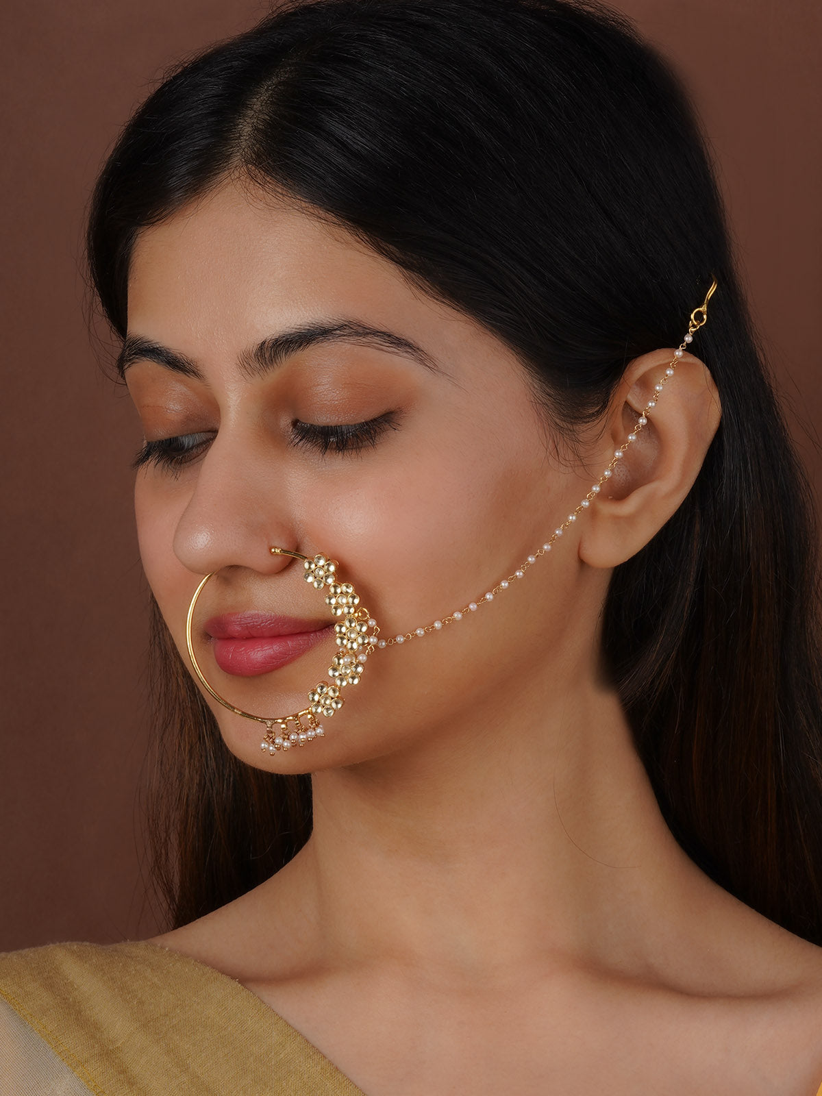 White Color Gold Plated Jadau Kundan Nosering - MNTH183Y