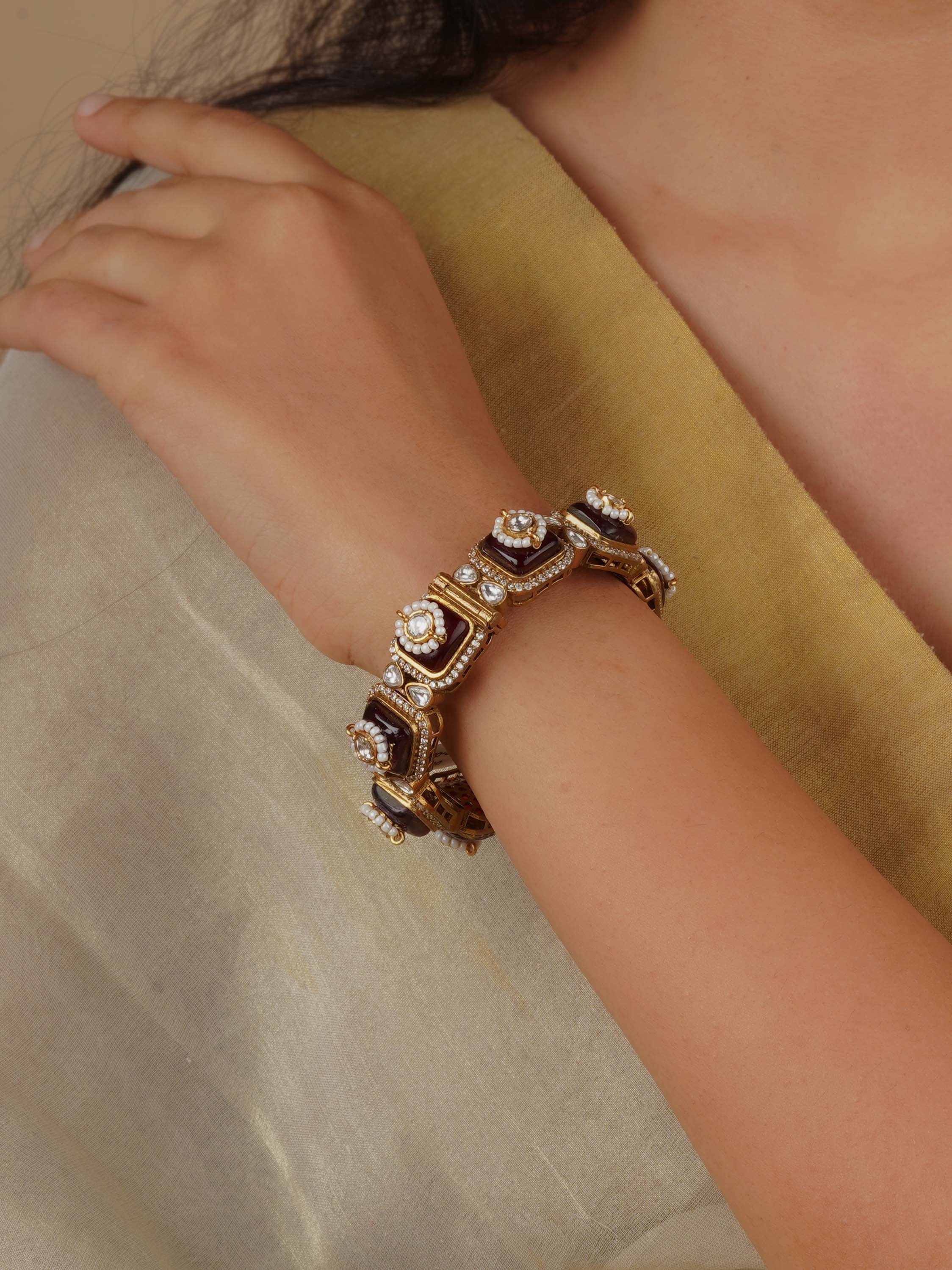 Maroon Color Gold Plated Moissanite Bangle (1 Piece) - MO-B13R