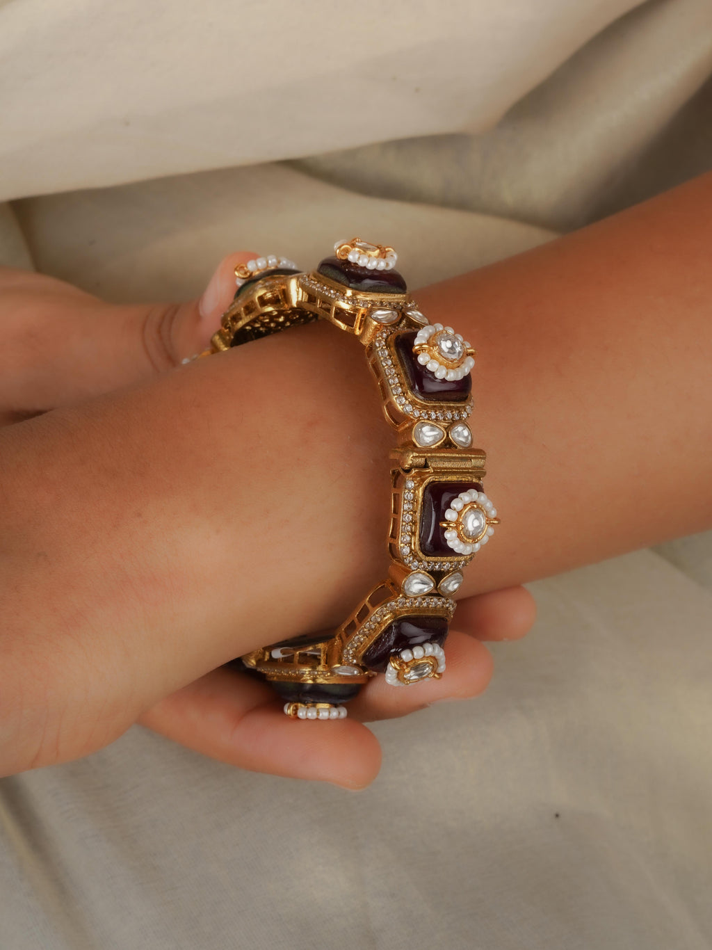 Maroon Color Gold Plated Moissanite Bangle (1 Piece) - MO-B13R