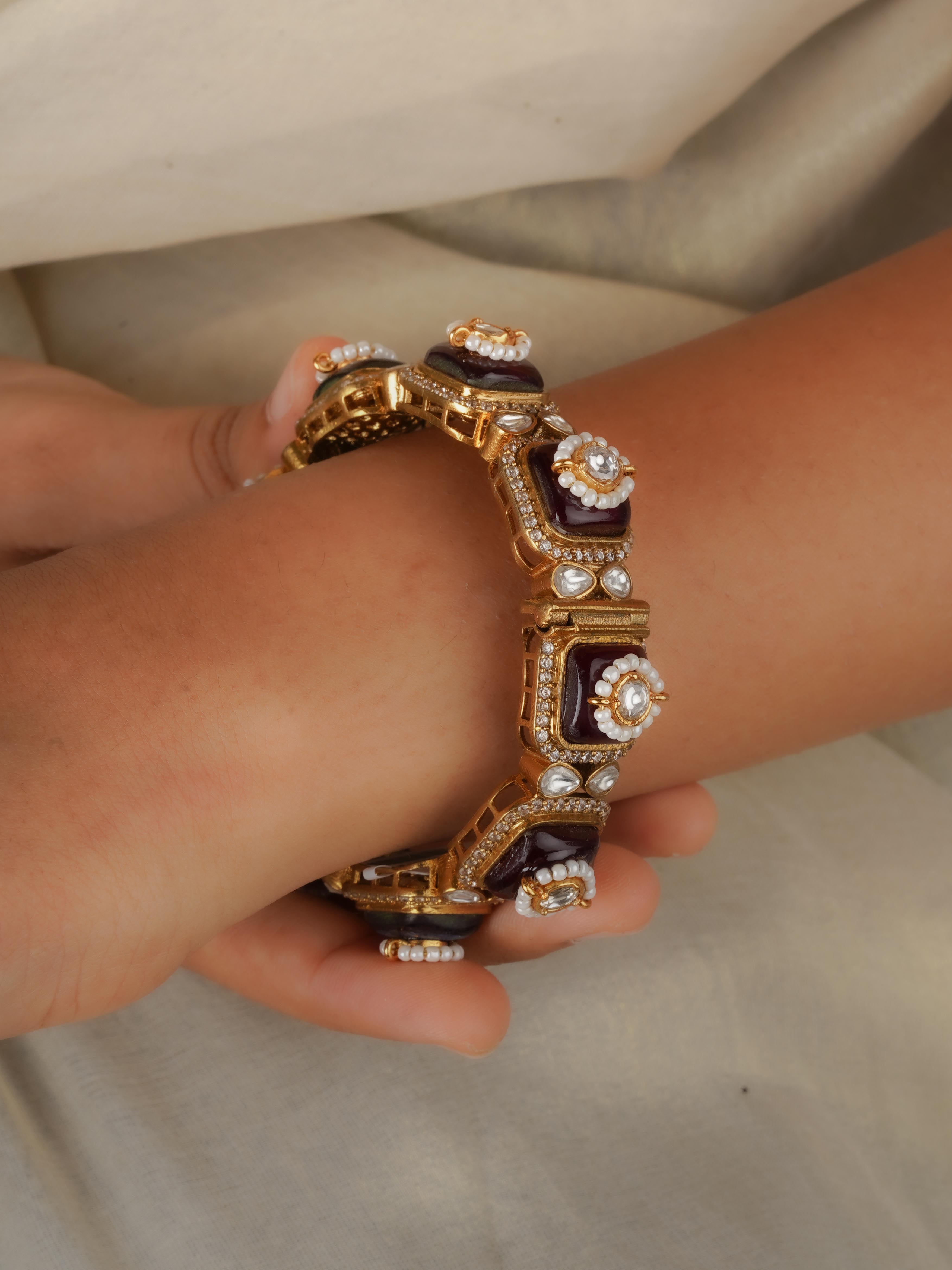 Maroon Color Gold Plated Moissanite Bangle (1 Piece) - MO-B13R