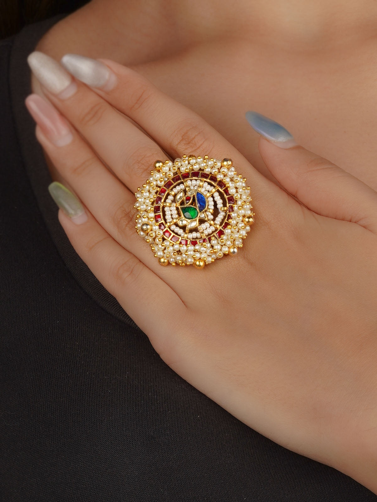 Multicolor Gold Plated Jadau Kundan Ring - MRNG222M