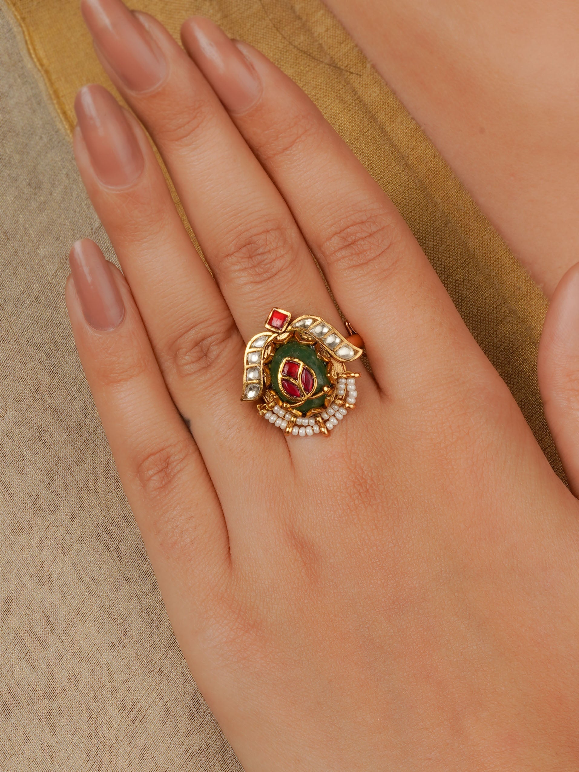 Gold Plated Jadau Kundan Ring - MRNG264