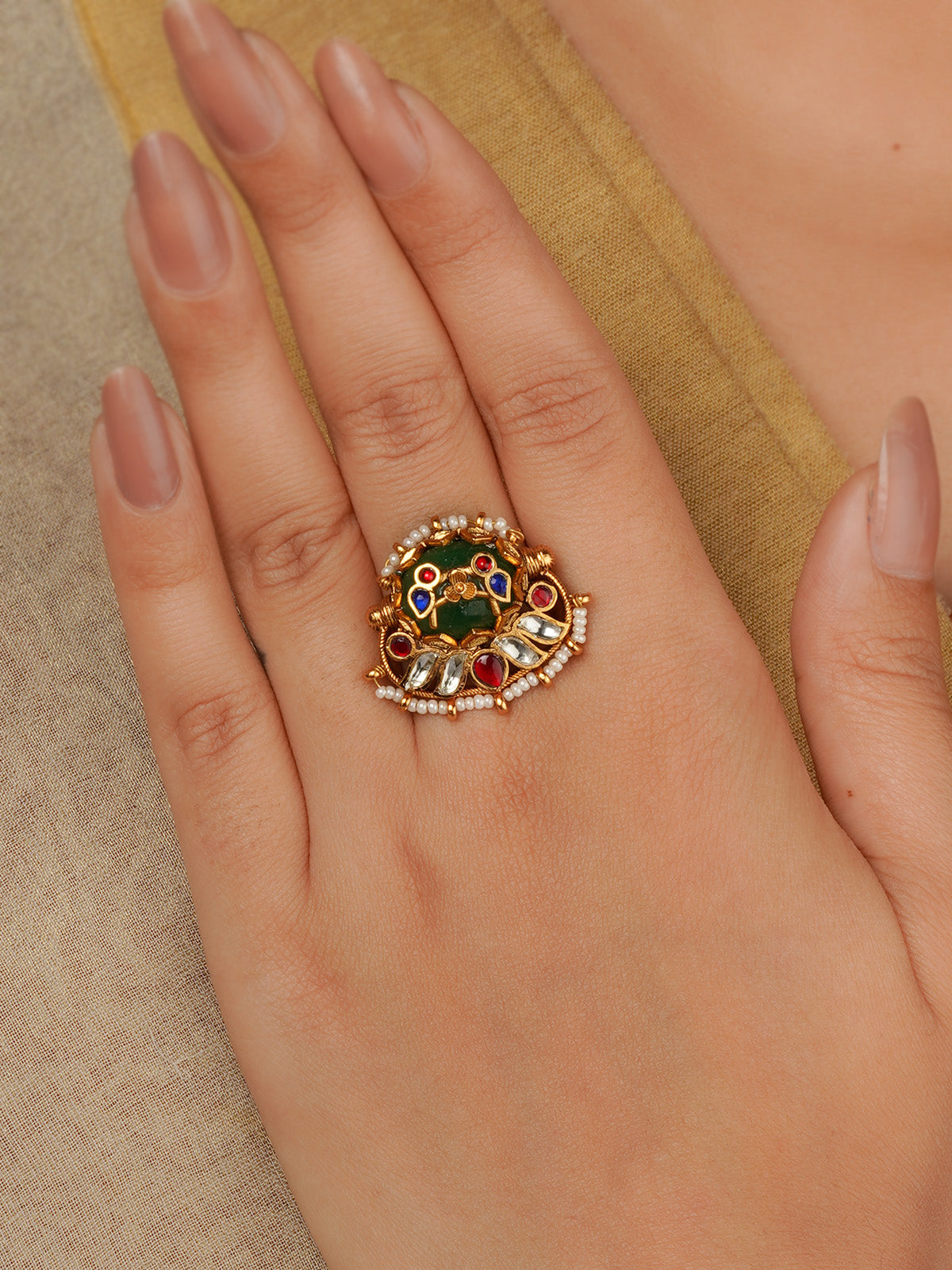 Gold Plated Jadau Kundan Ring - MRNG266