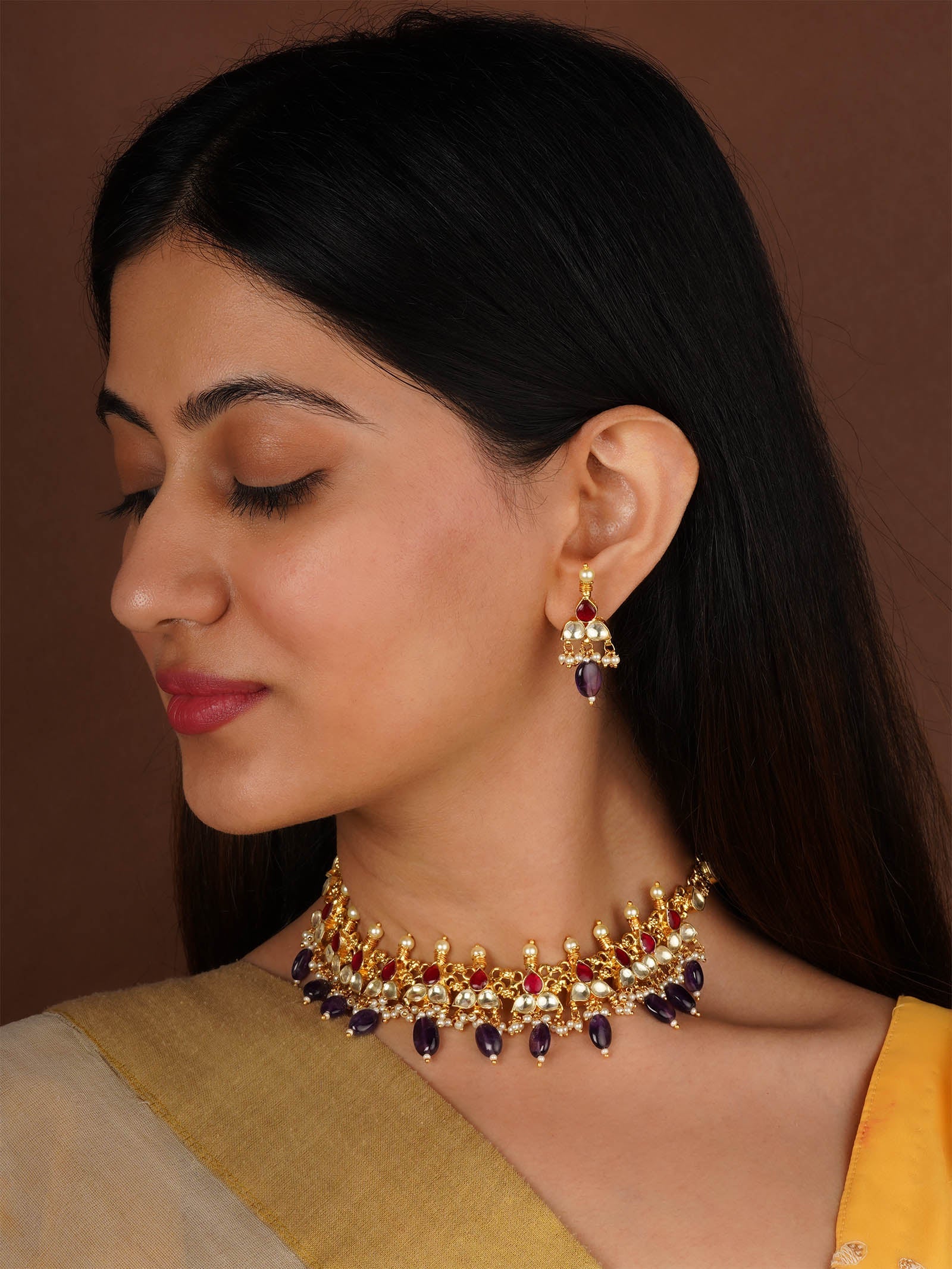 Pink Color Gold Plated Jadau Kundan Necklace Set - MS1151YP