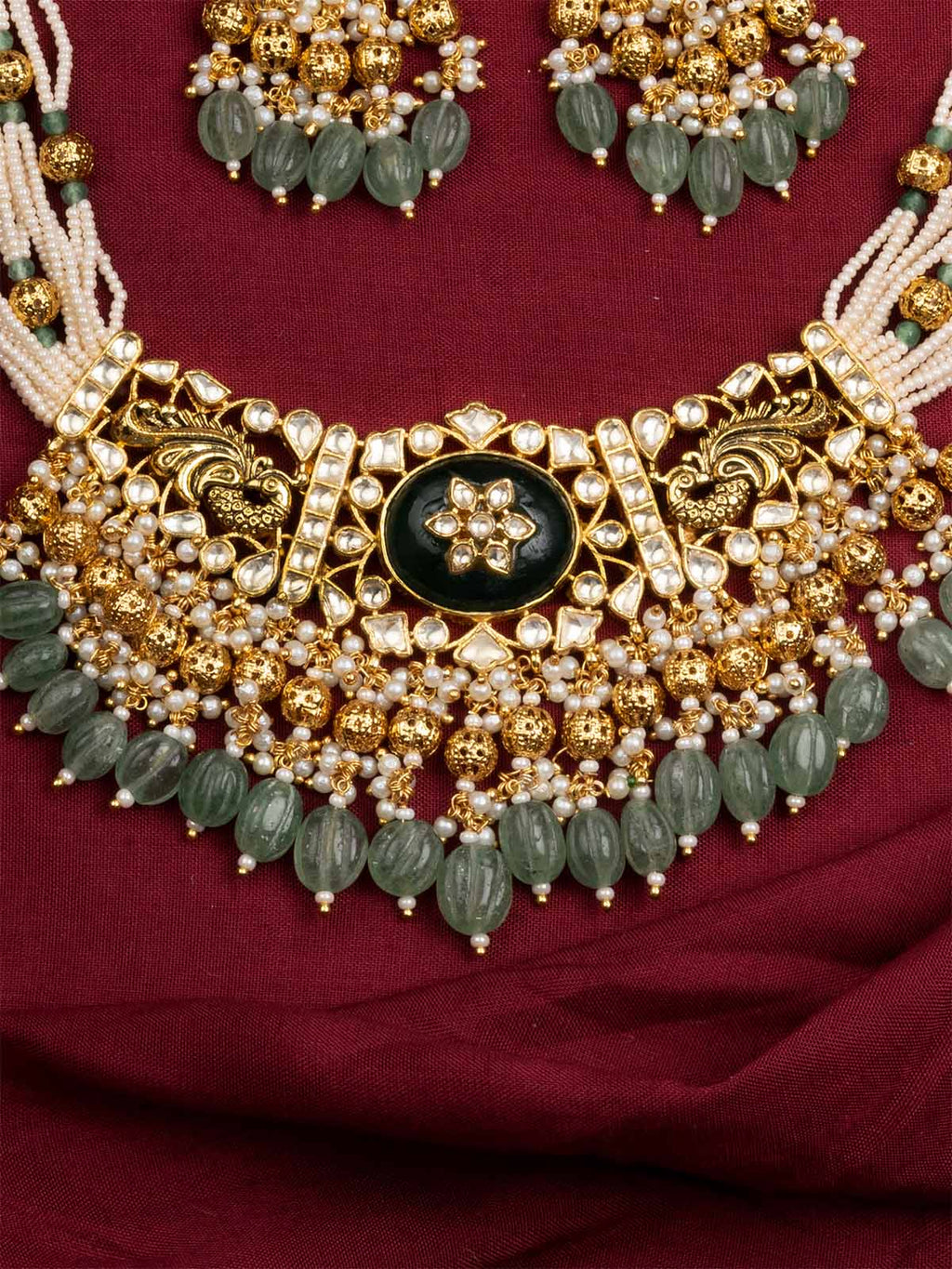 Green Color Gold Plated Jadau Kundan Necklace Set - MS1960YGRA
