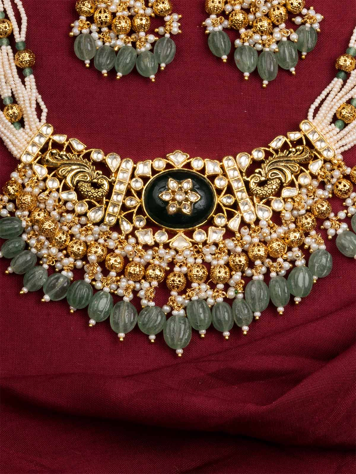 Green Color Gold Plated Jadau Kundan Necklace Set - MS1960YGRA