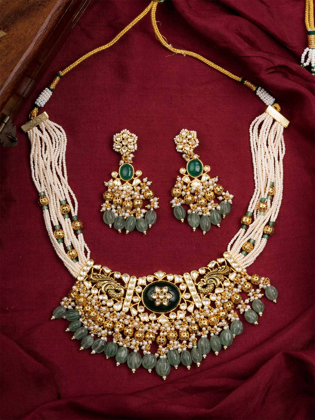 Green Color Gold Plated Jadau Kundan Necklace Set - MS1960YGRA