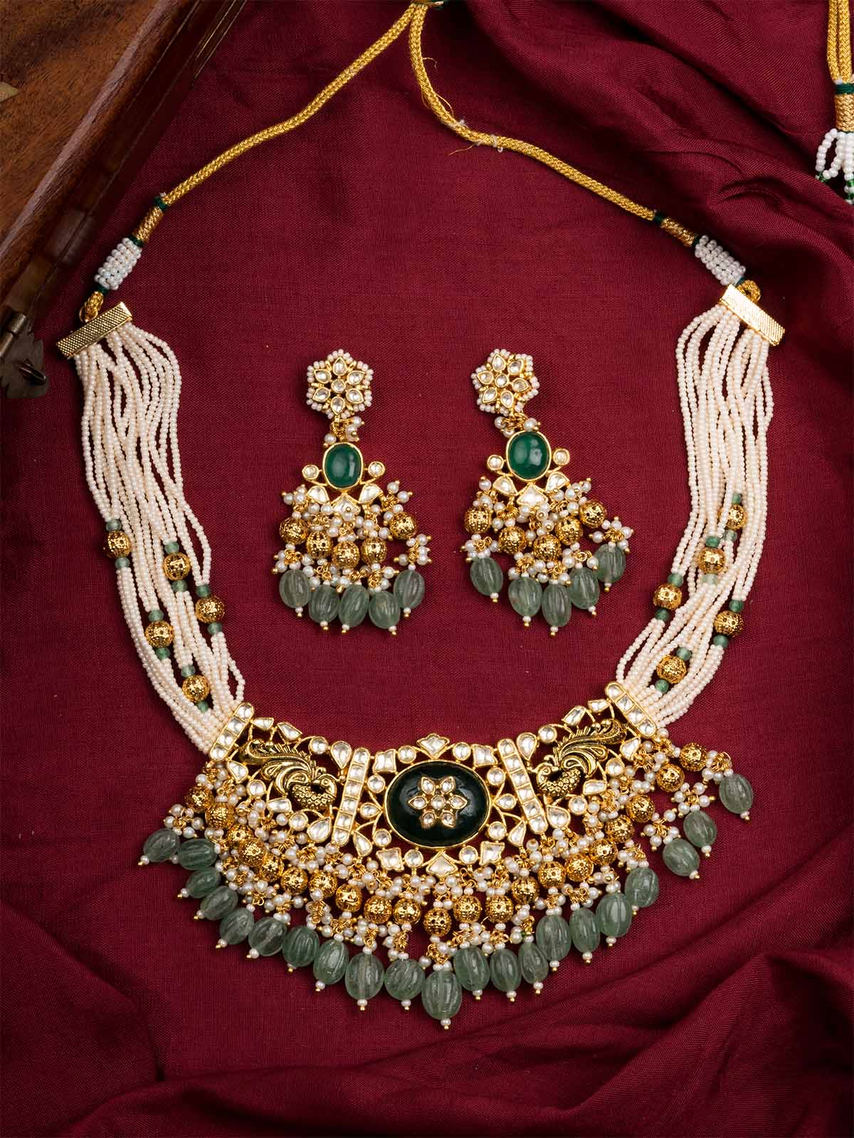 Green Color Gold Plated Jadau Kundan Necklace Set - MS1960YGRA