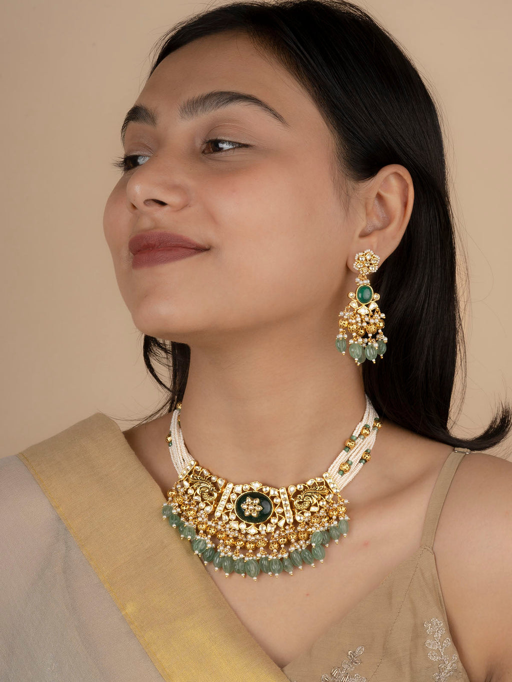 Green Color Gold Plated Jadau Kundan Necklace Set - MS1960YGRA