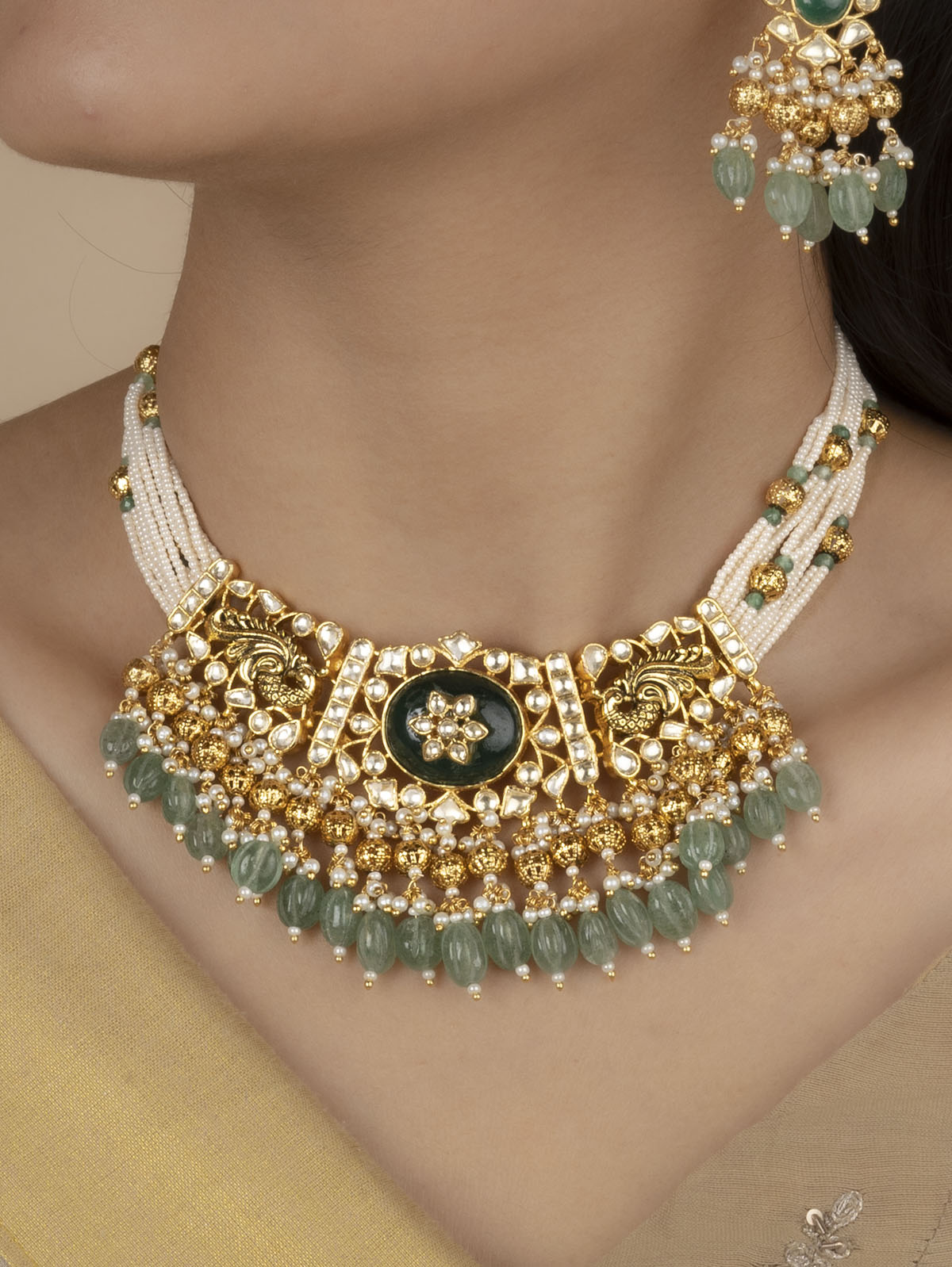 Green Color Gold Plated Jadau Kundan Necklace Set - MS1960YGRA