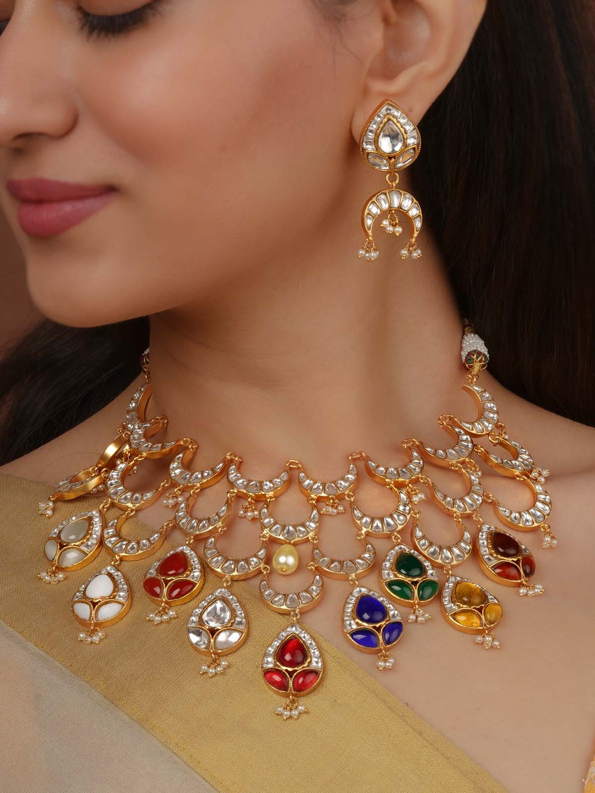 Navratna Gold Plated Jadau Kundan Necklace Set - MS2133N