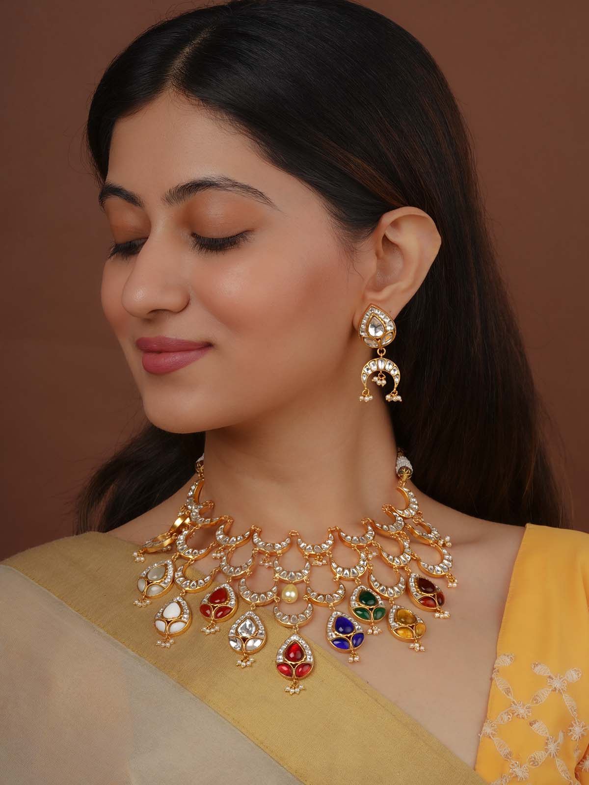 Navratna Gold Plated Jadau Kundan Necklace Set - MS2133N