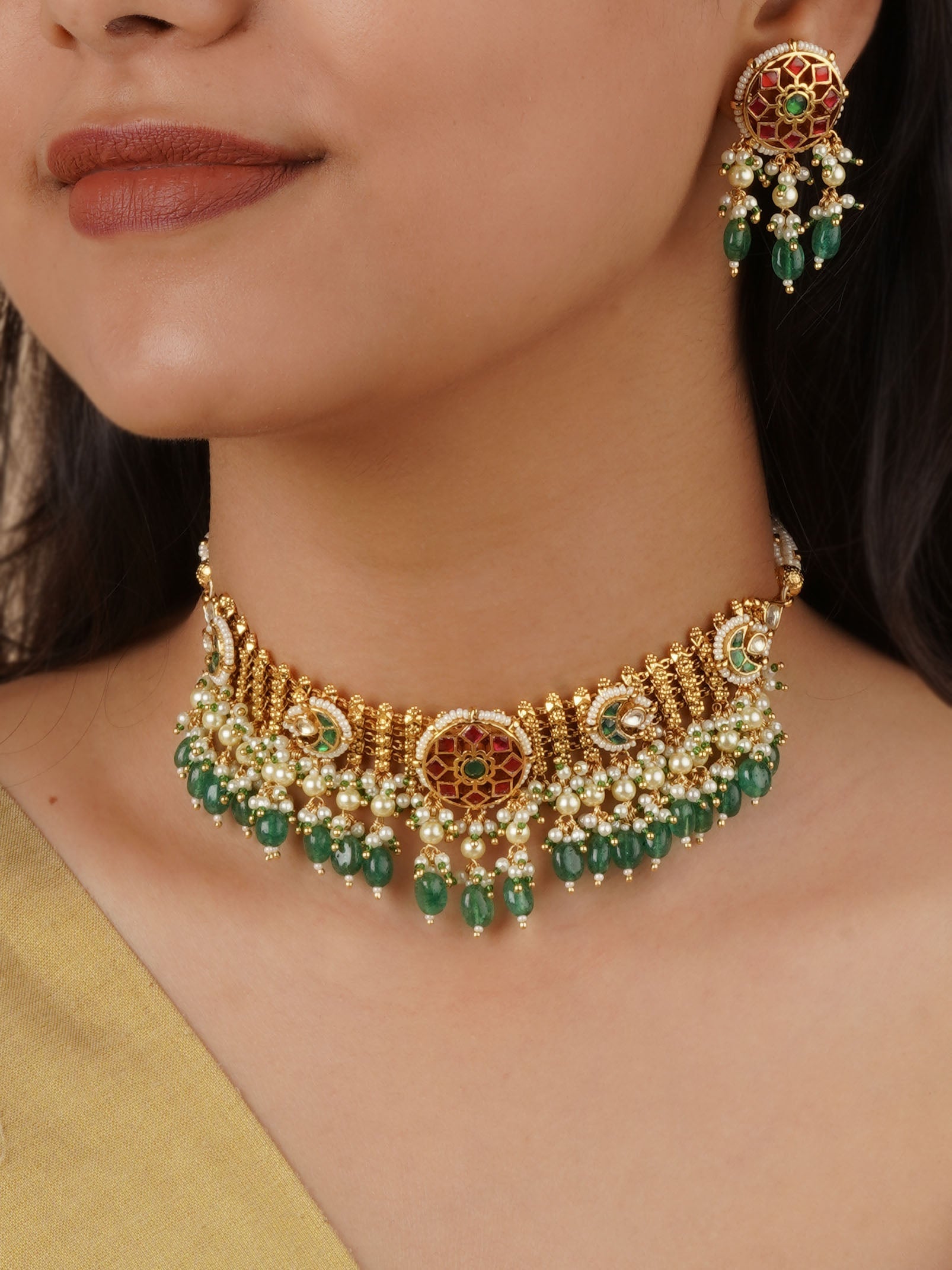 Multicolor Gold Plated Jadau Kundan Necklace Set - MS2147M