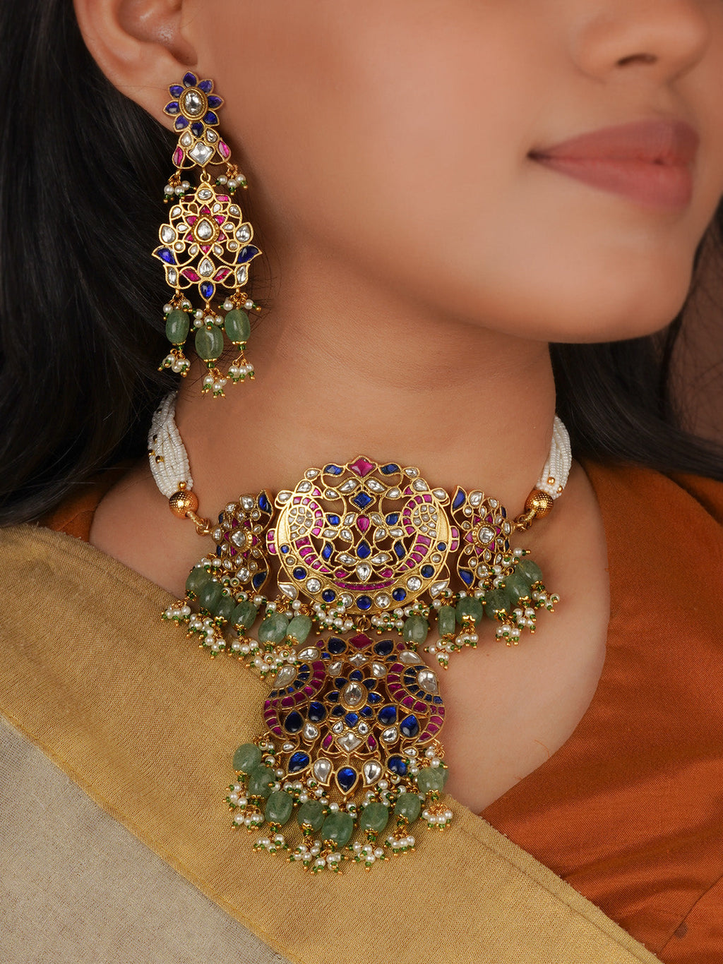 Multicolor Gold Plated Jadau Kundan Necklace Set - MS2184M