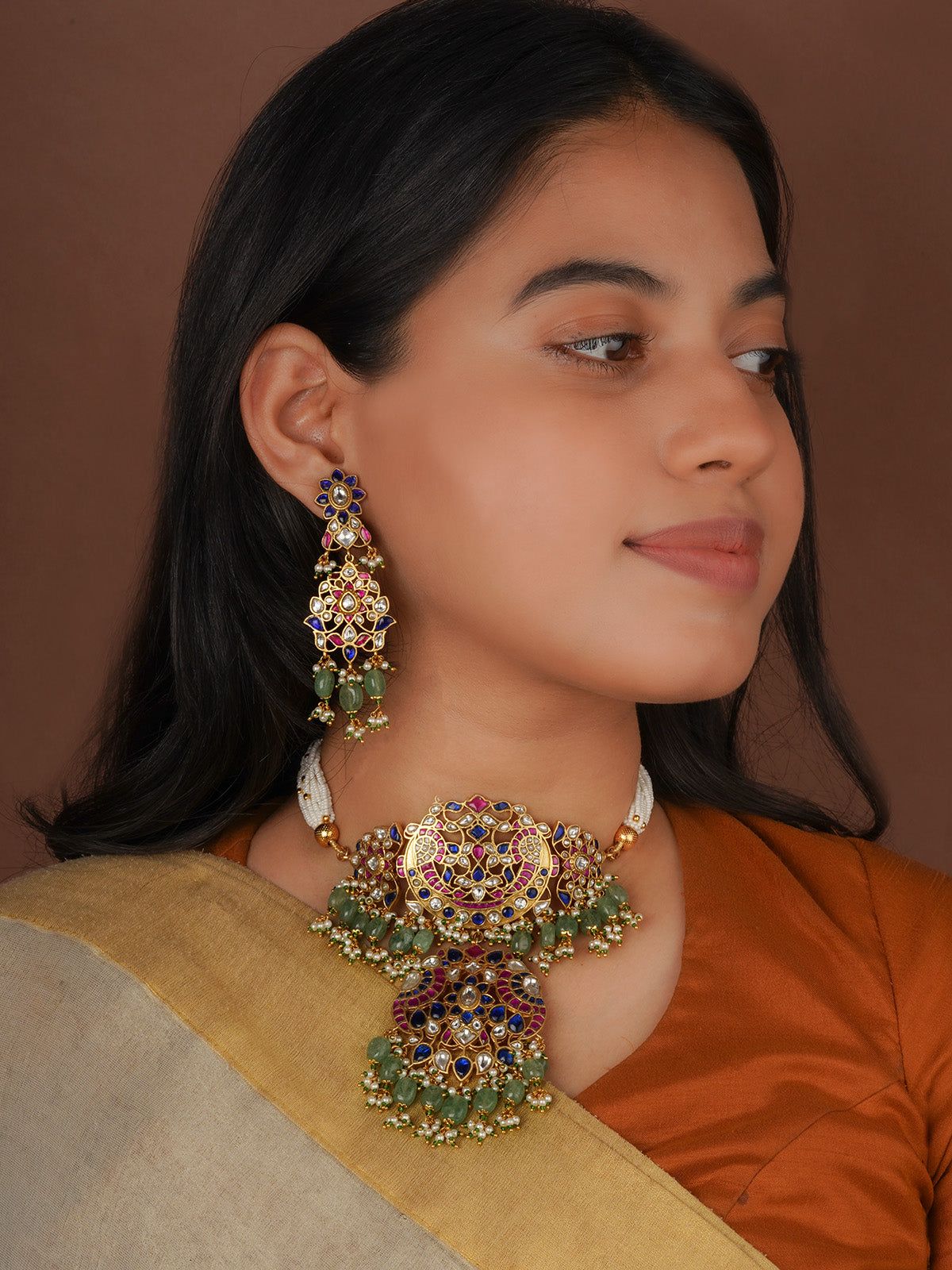Multicolor Gold Plated Jadau Kundan Necklace Set - MS2184M
