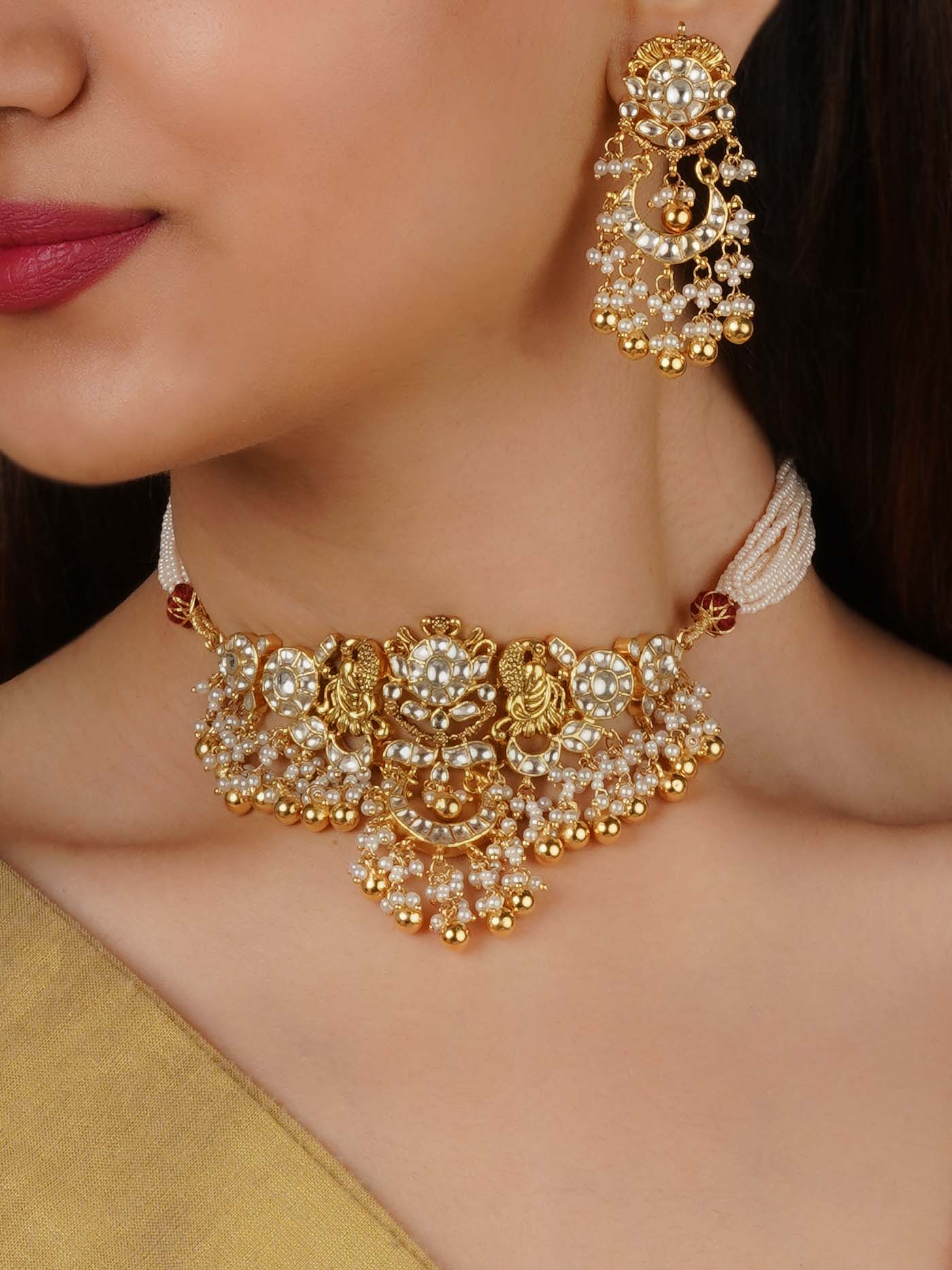 White Color Gold Plated Jadau Kundan Necklace Set - MS2230Y