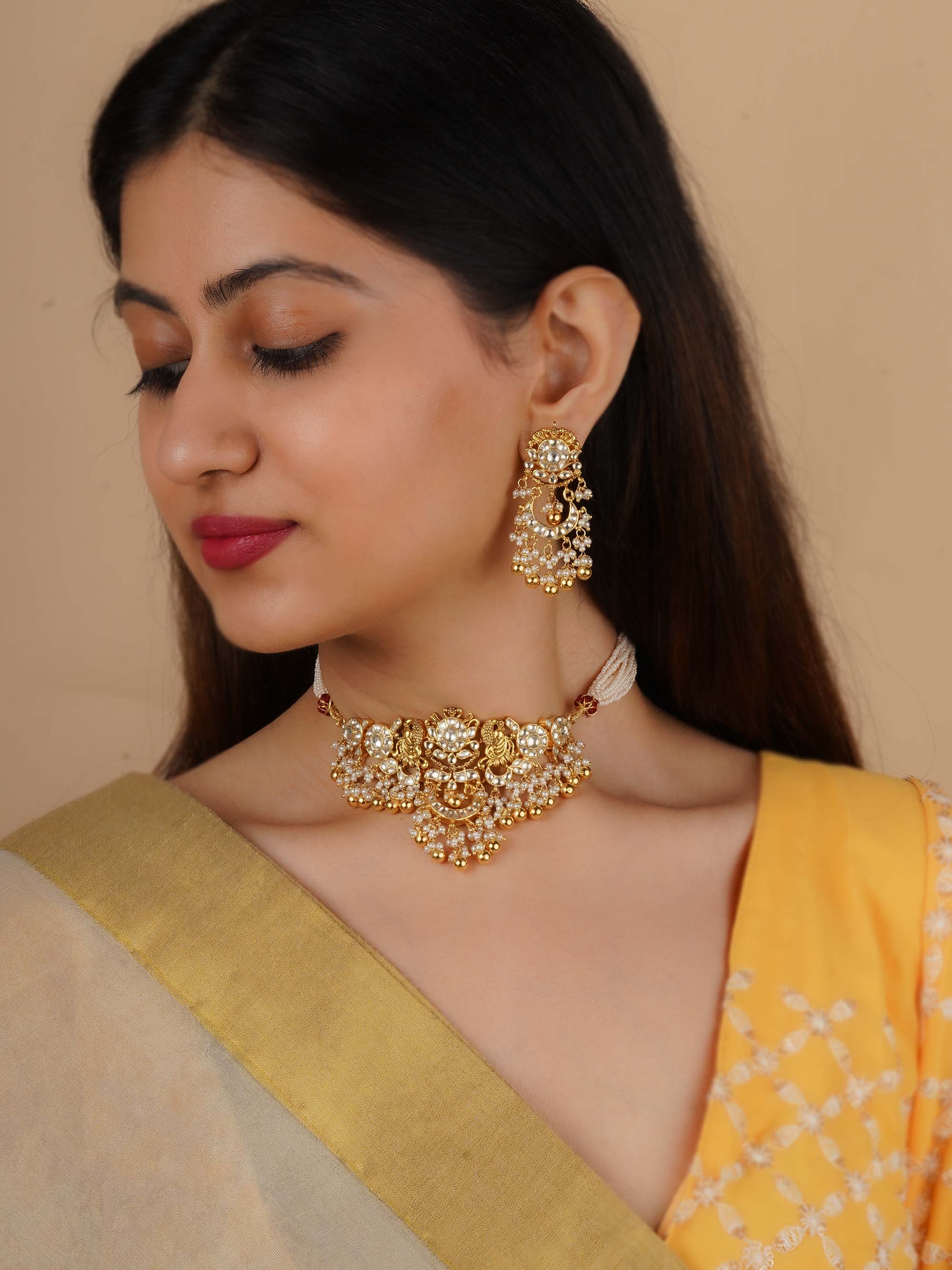 White Color Gold Plated Jadau Kundan Necklace Set - MS2230Y