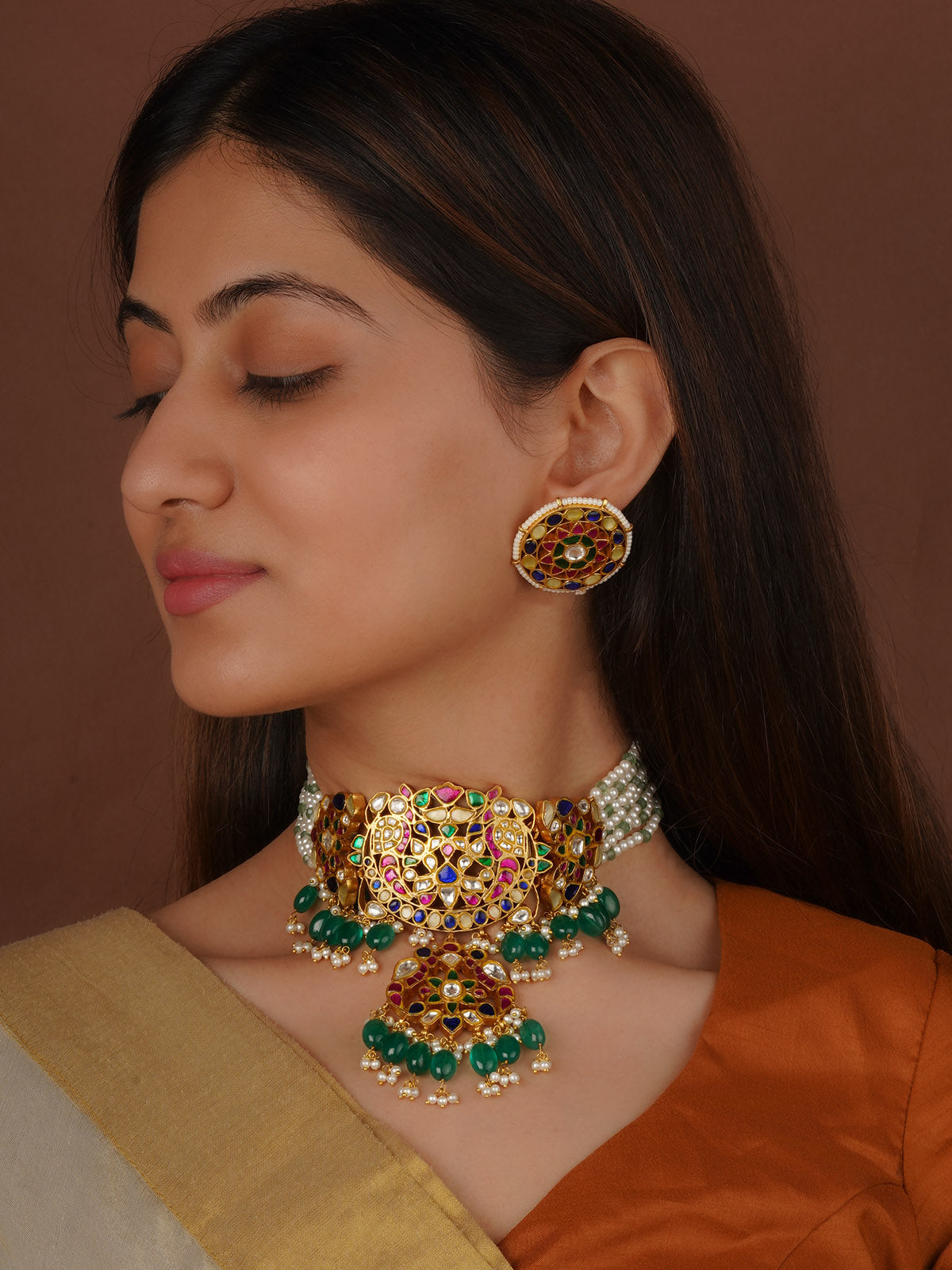 Multicolor Gold Plated Jadau Kundan Necklace Set - MS2378M