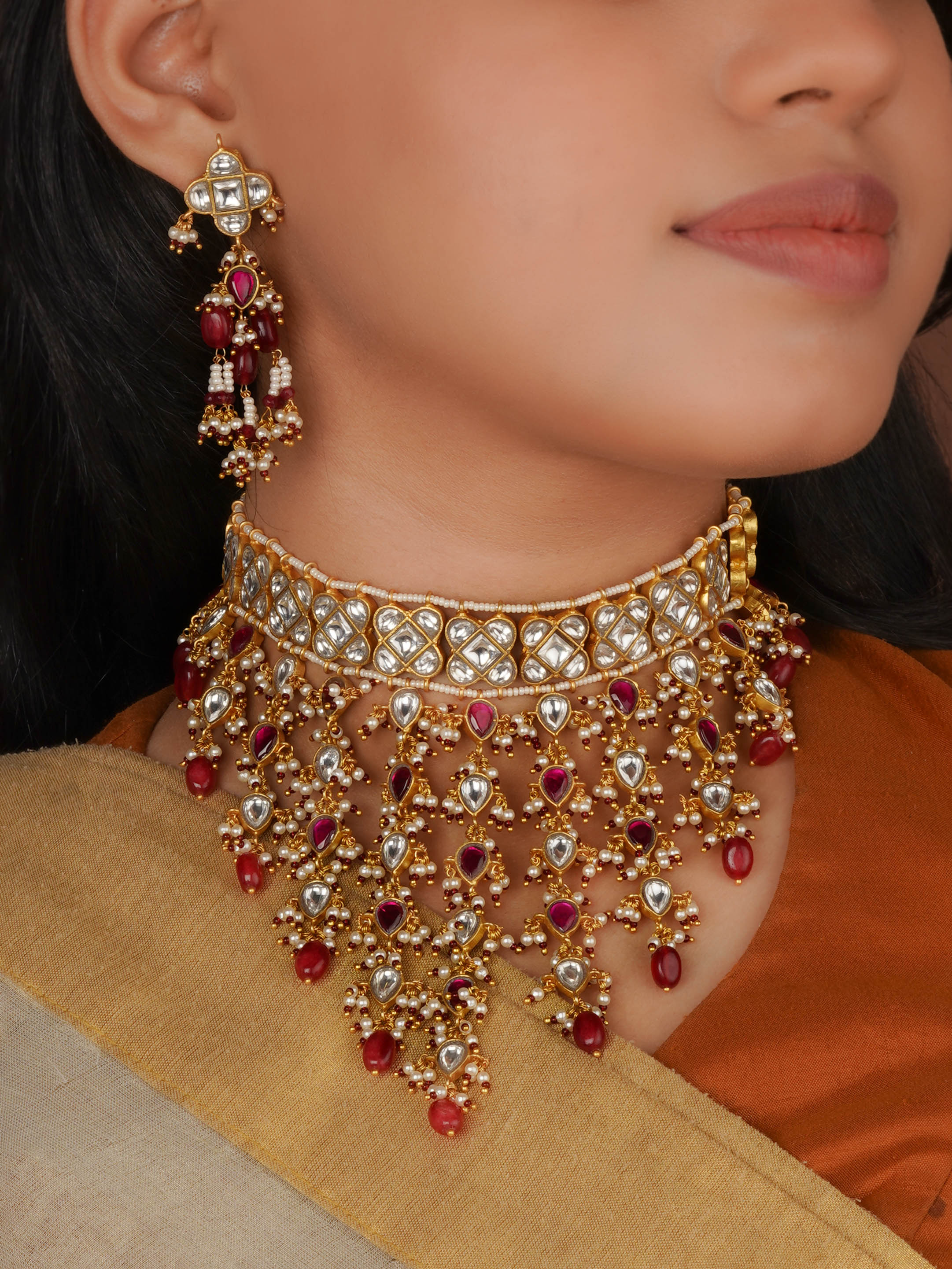 Pink Color Gold Plated Jadau Kundan Necklace Set - MS2523WP