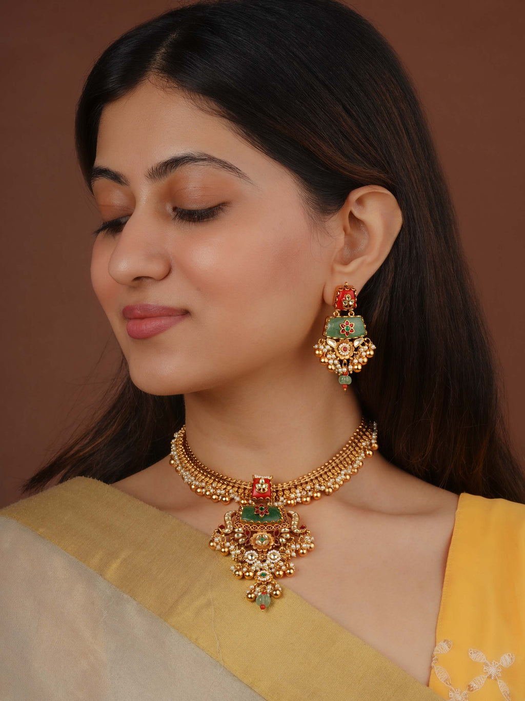 Multicolor Gold Plated Jadau Kundan Necklace Set - MS2556M