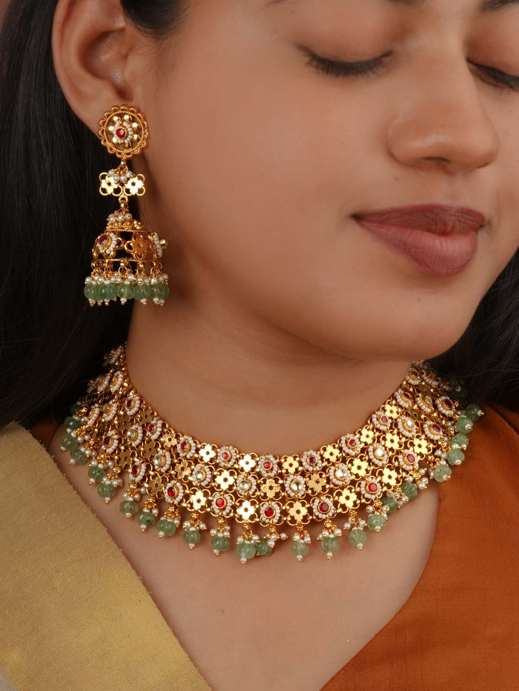 Red Color Gold Plated Jadau Kundan Necklace Set - MS2564YR