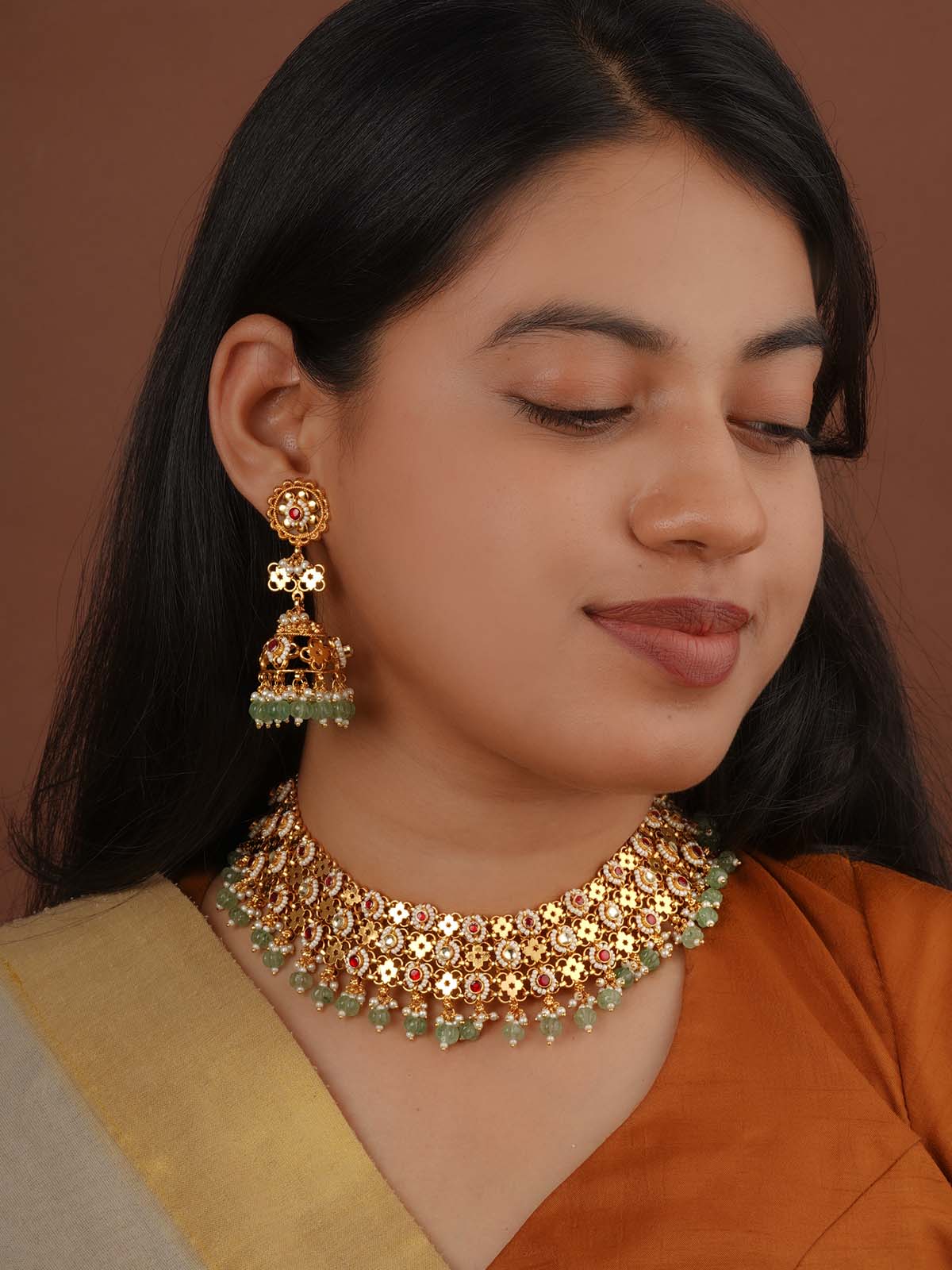 Red Color Gold Plated Jadau Kundan Necklace Set - MS2564YR