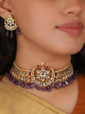 Purple Color Gold Plated Jadau Kundan Necklace Set - MS2582W