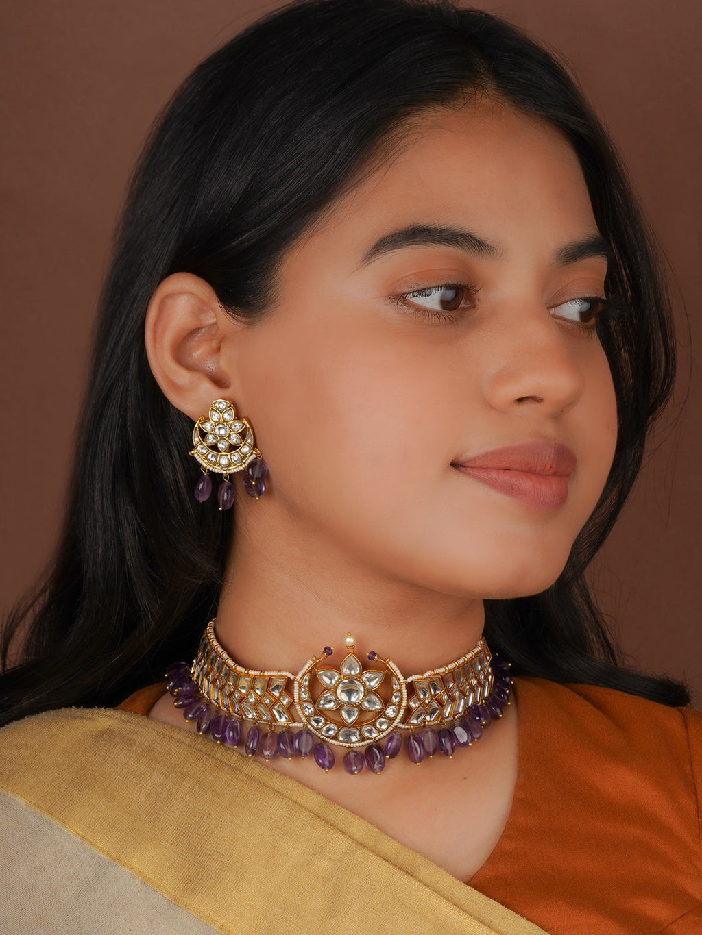 Purple Color Gold Plated Jadau Kundan Necklace Set - MS2582W